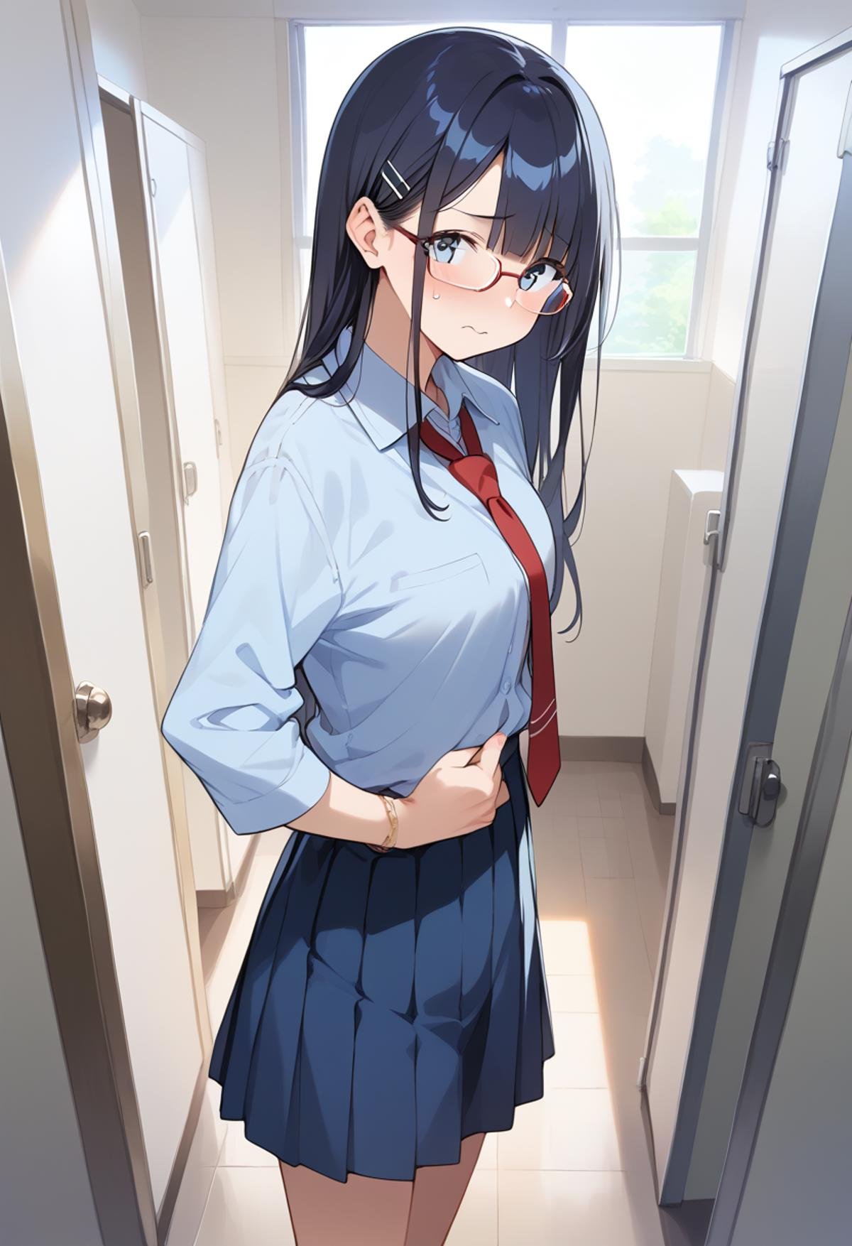 score_9, score_8_up, score_7_up, rating_safe, masterpiece, best quality, absurdres, unity 8k wallpaper, official art, official style, source_anime, game cg, megami magazine,1girl, solo, glasses, black hair, long hair, blue eyes, collared shirt, red necktie, pleated skirt, blue skirt, looking at viewer, blush, embarrassed, danshitoire, syobenki, urinal,  koshitsu, door, indoors, window, scenery, day,<lora:danshi_toilet_PONY_V5:0.6>