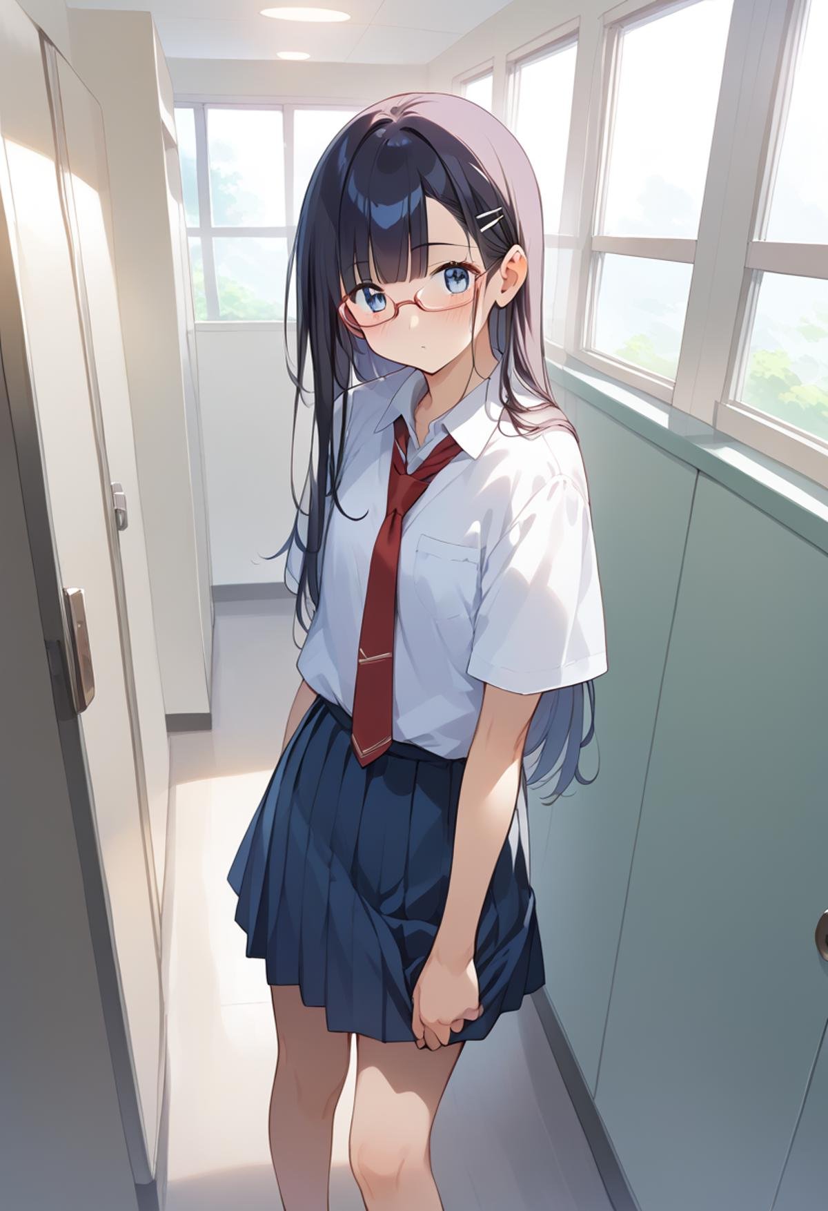 score_9, score_8_up, score_7_up, rating_safe, masterpiece, best quality, absurdres, unity 8k wallpaper, official art, official style, source_anime, game cg, megami magazine,1girl, solo, glasses, black hair, long hair, blue eyes, collared shirt, red necktie, pleated skirt, blue skirt, looking at viewer, blush, danshitoire, syobenki, urinal,  koshitsu, door, indoors, window, scenery, day,<lora:danshi_toilet_PONY_V5:0.6>