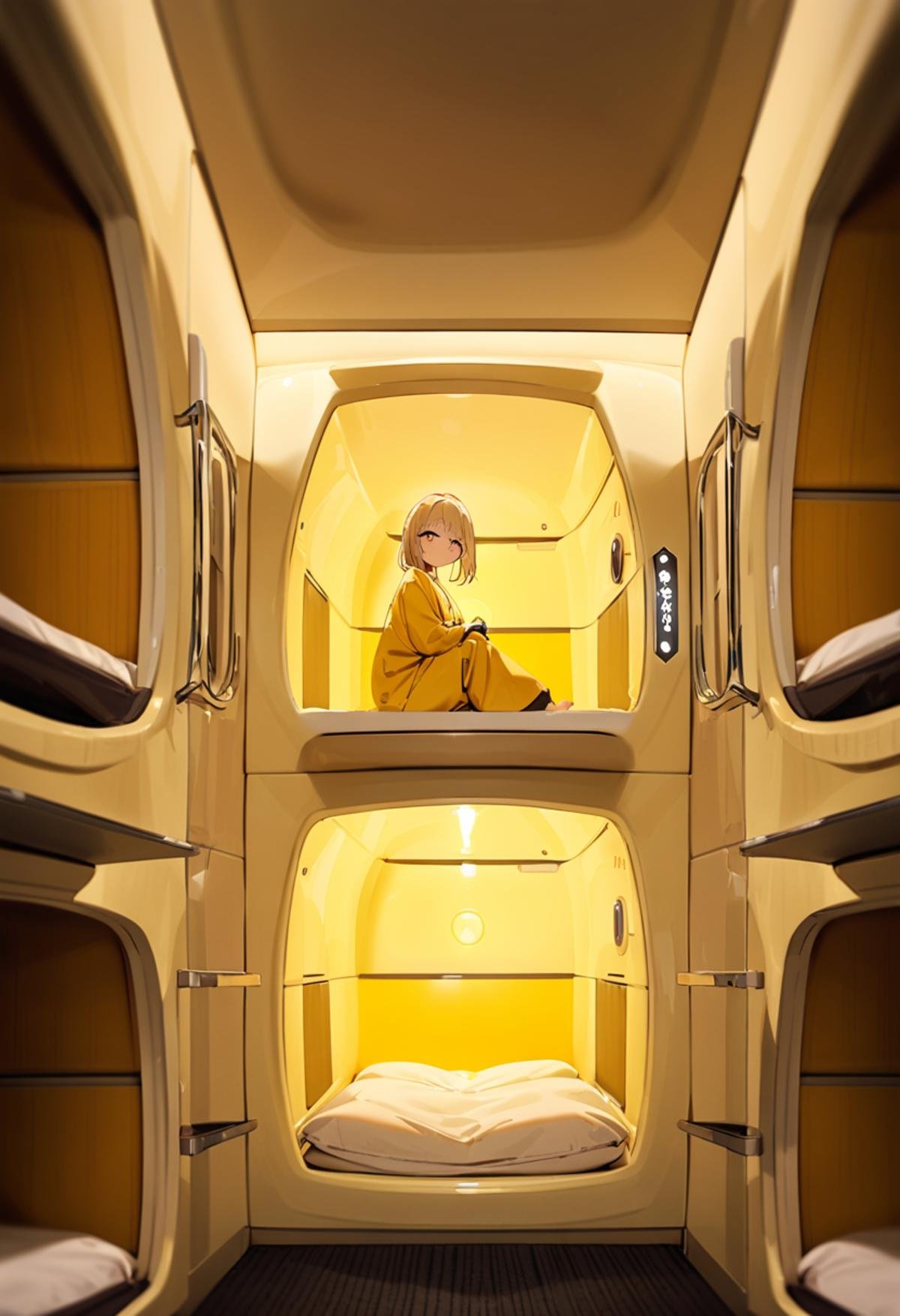 masterpiece, best quality, very aesthetic, absurdres,Capsule hotel, yellow theme, scenery, indoors, 1girl, sitting <lora:Capsule_hotel_SDXL_V1:1>