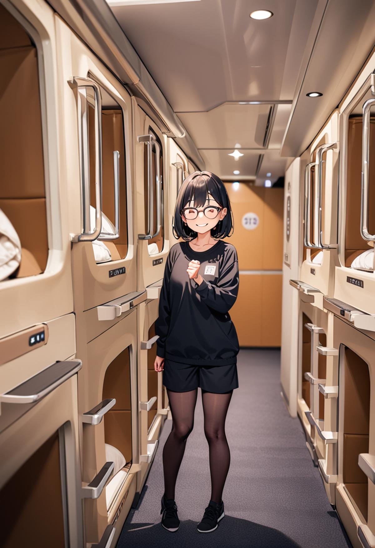 masterpiece, best quality, very aesthetic, absurdres,Capsule hotel, scenery, indoors, 1girl, glasses, standing, looking at viewer, happy, smile, <lora:Capsule_hotel_SDXL_V1:1>