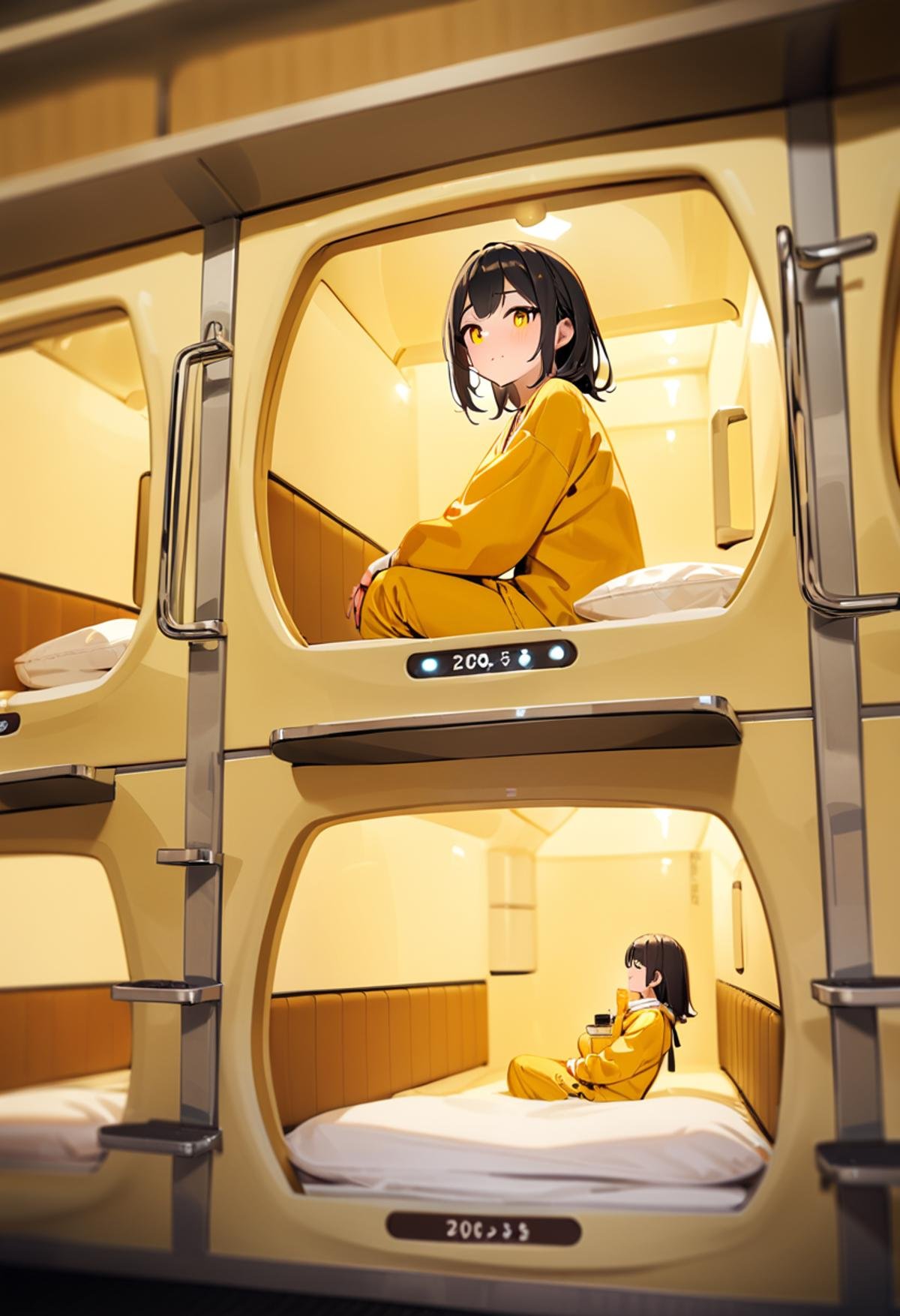 masterpiece, best quality, very aesthetic, absurdres,Capsule hotel, yellow theme, scenery, indoors, 1girl, sitting <lora:Capsule_hotel_SDXL_V1:1>