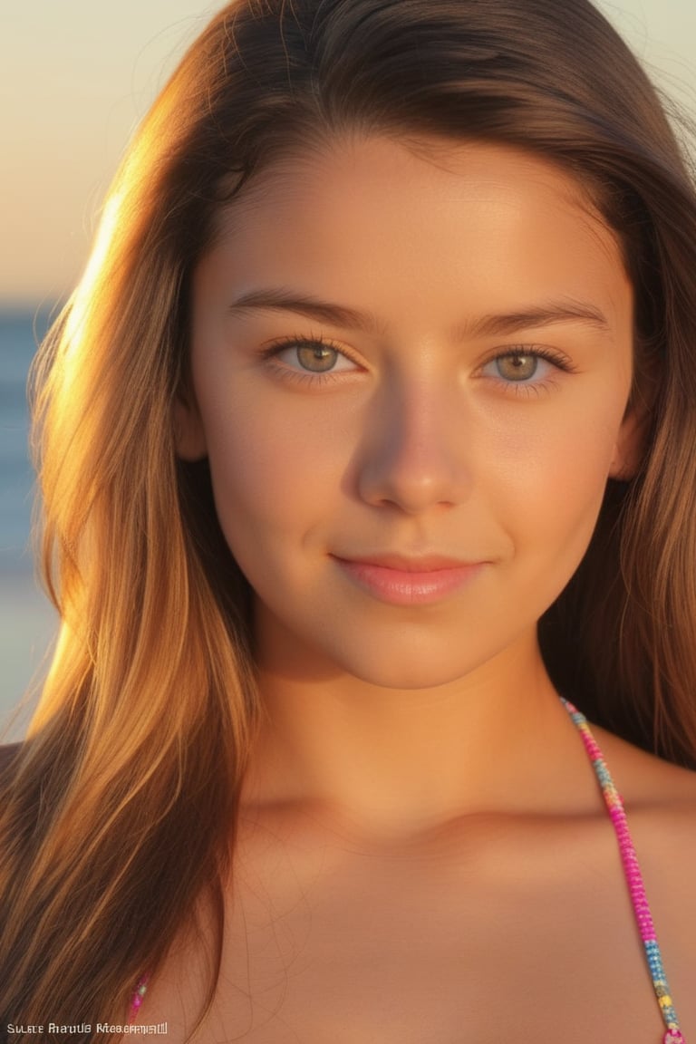 A photograph of a bright-eyed, 24-year-old girl posing confidently on a sun-kissed beach. She wears a tiny micro bikini that showcases her toned physique. The warm sunlight casts a golden glow on her smooth skin, highlighting the subtle definition in her muscles. Photograph by Suze Randall 