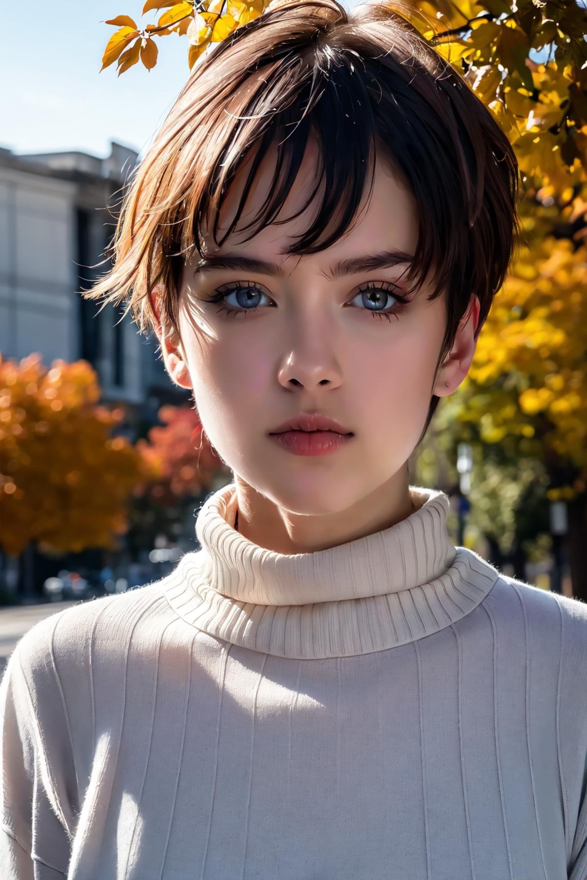 ((masterpiece)), ((best quality)), (ultra-detailed), absurdres, extremely detailed CG unity 8k wallpaper, RAW photo, wide shot, professional photo, closeup portrait, beautiful face, expressive eyes, looking at viewer, solo, outdoors, autumn, scenery, dramatic lighting,  (1boy, mature female:1.4),  (sweater:1.3),  ,  ((masterpiece)),  absurdres,  HDR, <lora:GoodHands-vanilla:1.0>