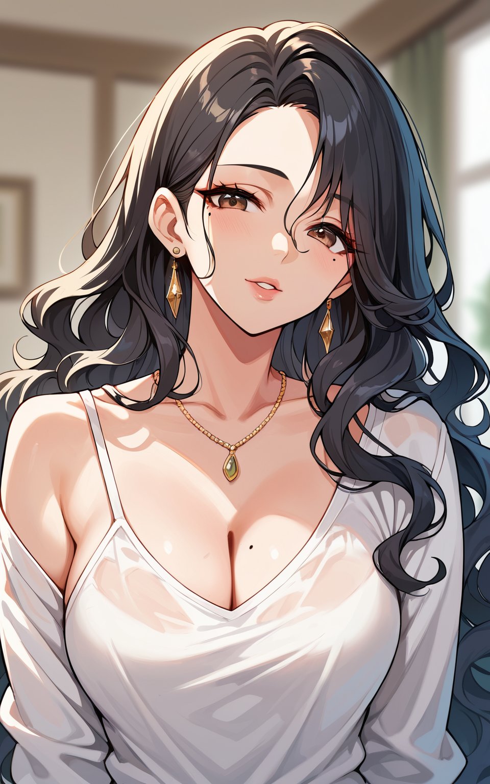 score_9,score_8_up,score_7_up, 1girl,long hair,looking at viewer,shirt,black hair,cleavage,brown eyes,jewelry,medium breasts,collarbone,white shirt,upper body,earrings,necklace,mole,lips,makeup,blurry background,wavy hair,messy hair,mole on breast