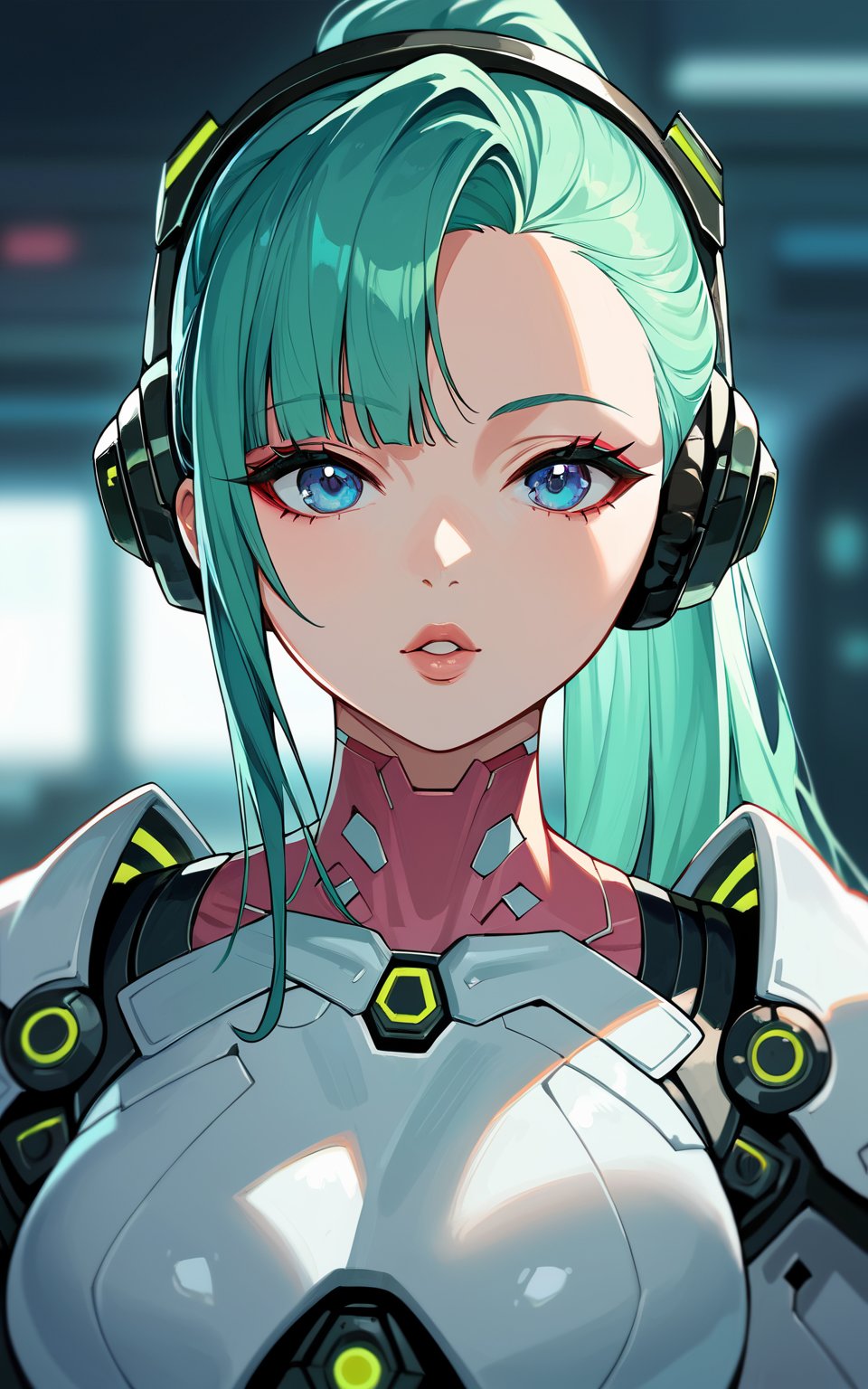 score_9,score_8_up,score_7_up, 1girl,long hair,looking at viewer,blue eyes,upper body,ponytail,parted lips,green hair,armor,lips,aqua hair,makeup,depth of field,blurry background,headphones,science fiction,cyborg,neon trim,cyberpunk