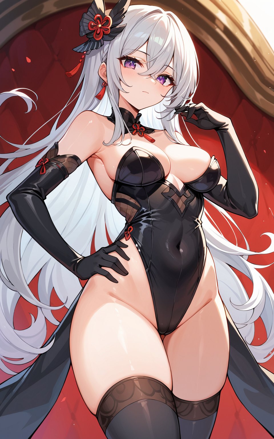 score_9,score_8_up,score_7_up, 1girl,long hair,looking at viewer,bangs,hair ornament,red eyes,thighhighs,gloves,hair between eyes,bare shoulders,medium breasts,very long hair,closed mouth,purple eyes,white hair,grey hair,thighs,elbow gloves,leotard,hand on hip