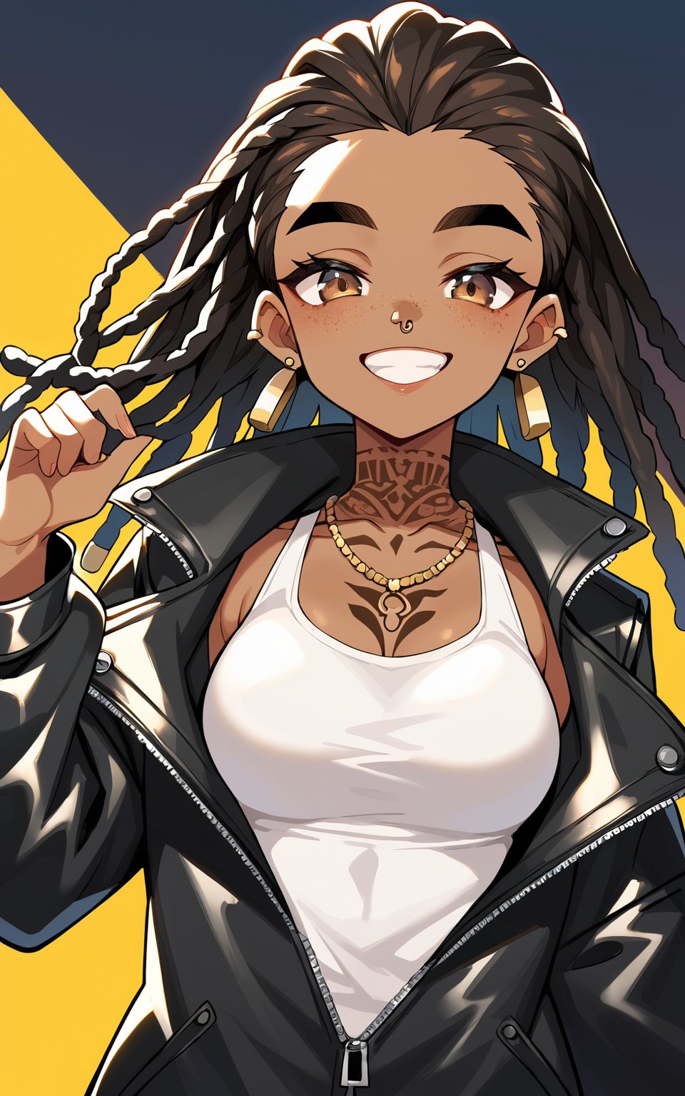 score_9,score_8_up,score_7_up, 1girl,long hair,looking at viewer,smile,brown hair,shirt,black hair,brown eyes,jewelry,jacket,white shirt,upper body,braid,multicolored hair,earrings,open clothes,teeth,dark skin,necklace,grin,open jacket,dark-skinned female,lips,black jacket,tattoo,piercing,thick eyebrows,forehead,zipper,freckles,leather,facial tattoo,chest tattoo,very dark skin,leather jacket,neck tattoo,dreadlocks,nose piercing