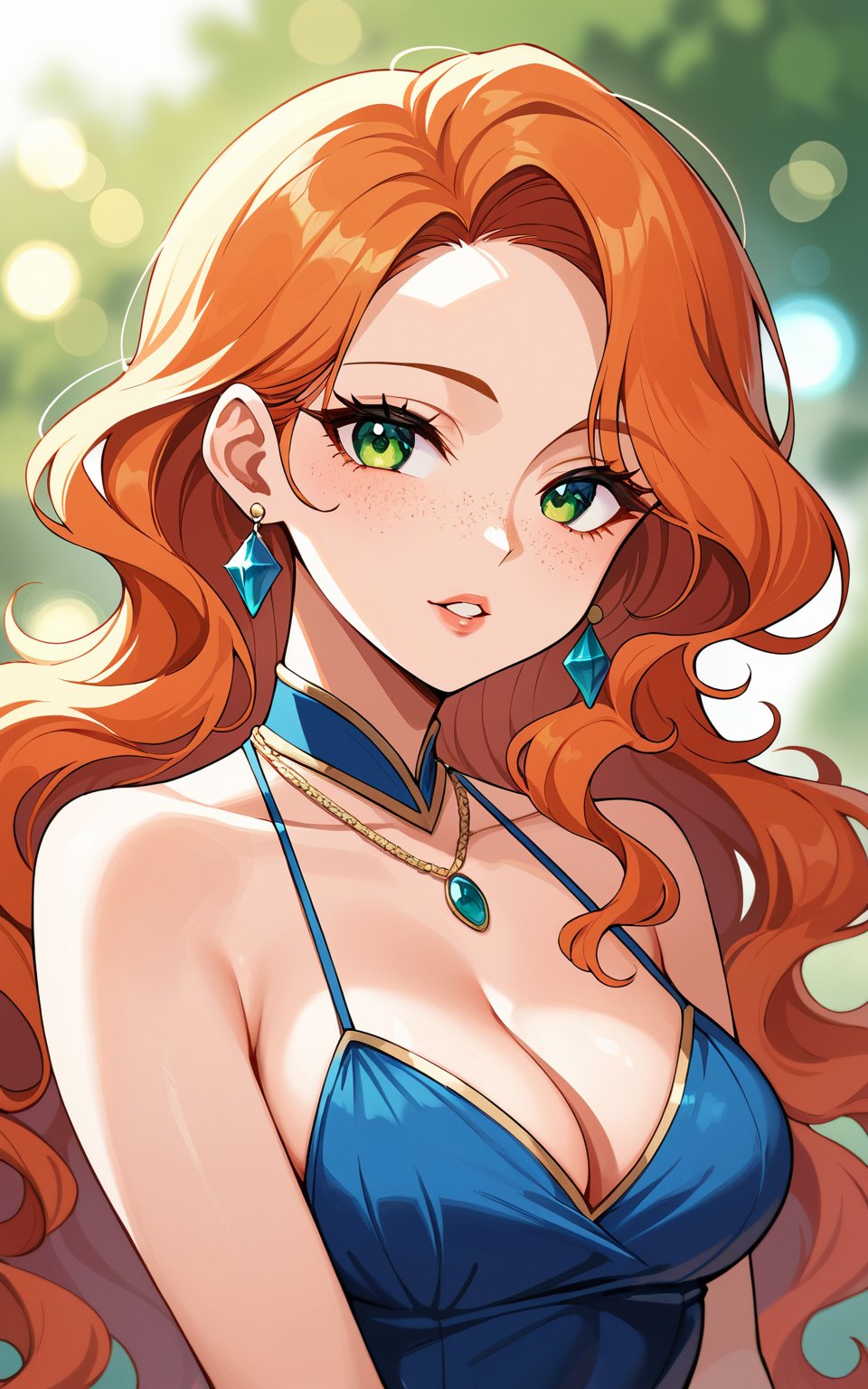 score_9,score_8_up,score_7_up, 1girl,long hair,looking at viewer,dress,cleavage,bare shoulders,jewelry,medium breasts,green eyes,upper body,red hair,earrings,parted lips,teeth,necklace,orange hair,mole,lips,eyelashes,blurry background,blue dress,wavy hair,freckles,bokeh