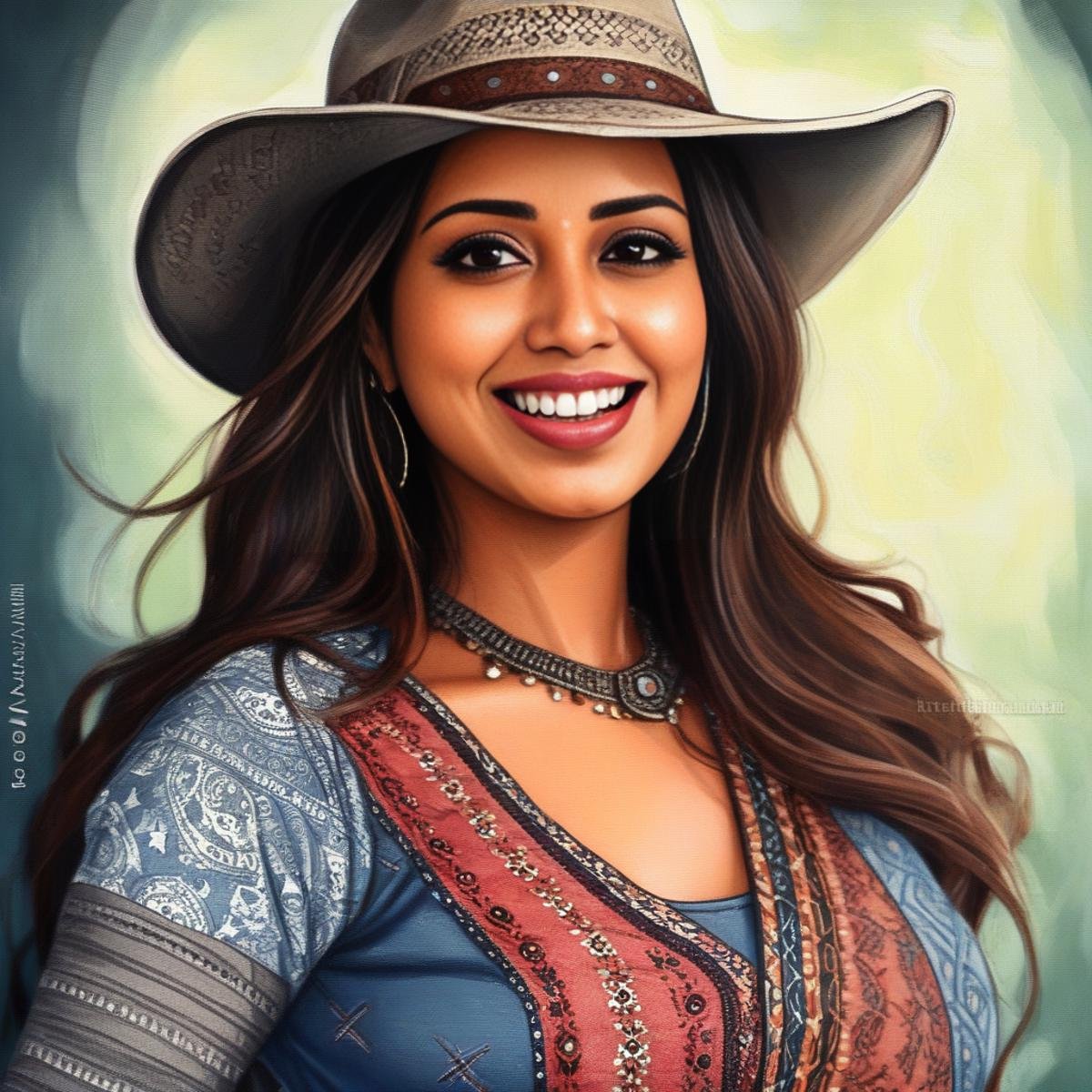 NivethaPethuraj, art by Chris Uminga, portrait,close up of a Realistic Shadowy Western Girl, Actor, wearing summer outfit, Happy, Zentangle,  <lora:NivethaPethurajSDXL:1>