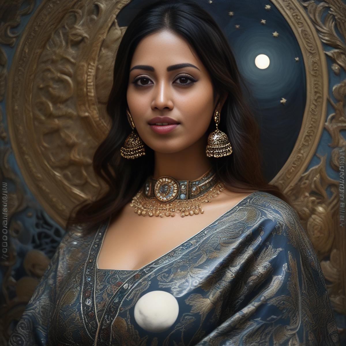 NivethaPethuraj, art by Alessandro Allori, portrait,close up of a Passionate Woman, Hunting, wearing Ceramic Kaftan, Moon in the night, ultrafine detailed, Suffering,  <lora:NivethaPethurajSDXL:1>
