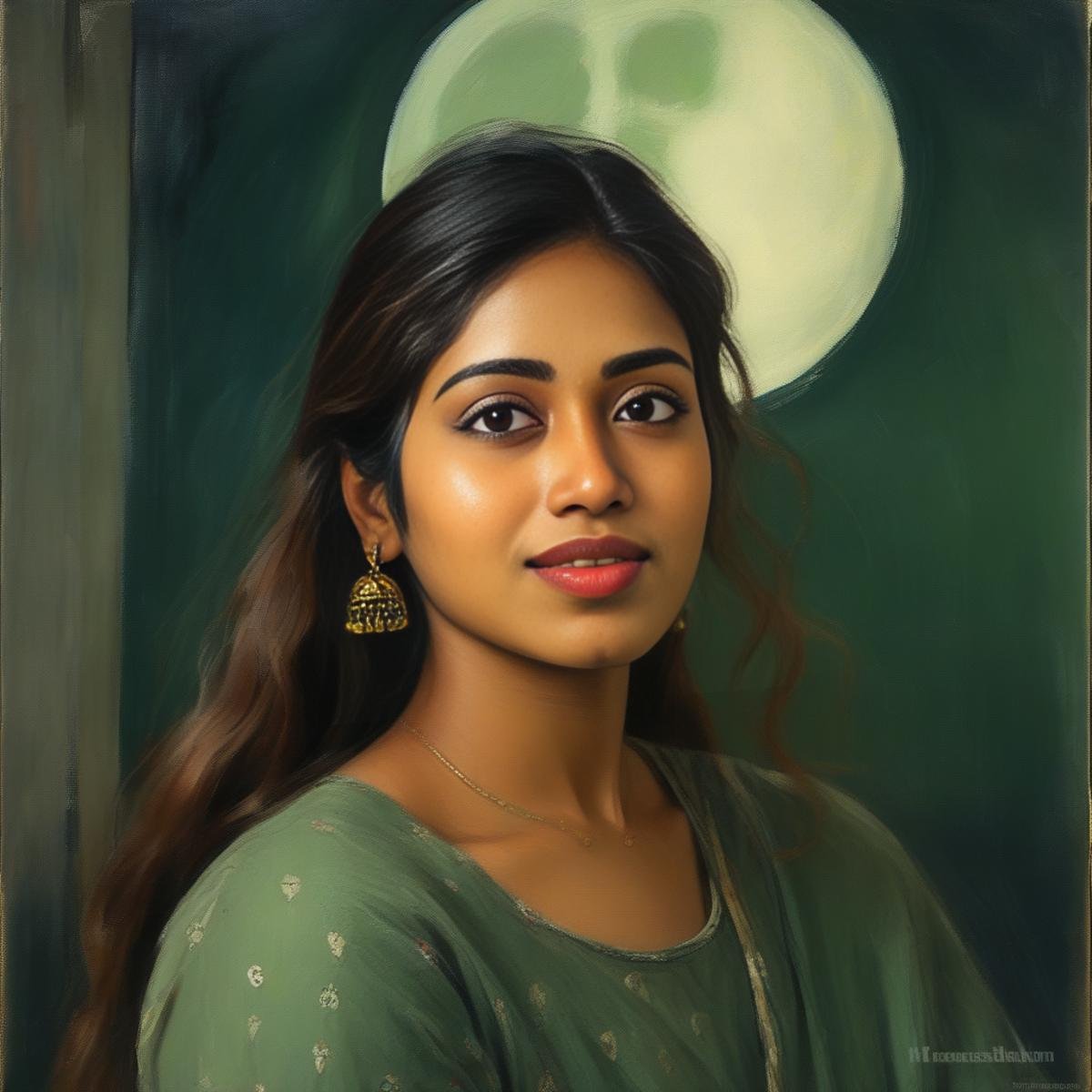 NivethaPethuraj, portrait,close up of a Skilled Iraqi (Girl:1.1) , Rowing, Adorable hair styled as Mullet, from inside of a Church, Moon in the night, deep focus, Happy, moody lighting, dark green sky, halation, (art by Vanessa Bell:1.2) ,art by Cecil Beaton,  <lora:NivethaPethurajSDXL:1>