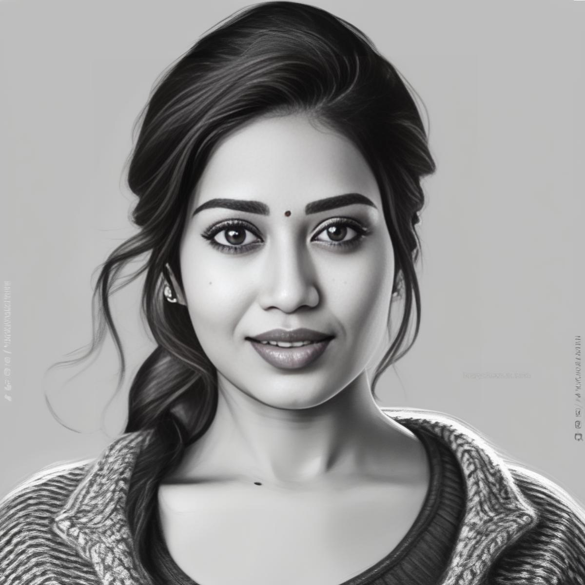 NivethaPethuraj, portrait,close up of a Glowing Female, wearing Sweater and pencil skirt in Mathematical details, Elegant Horseshoe Mustache, [Detestable|Middle Aged] Soul Patch, Fall, Rough sketch, Flustered, macro lens,  <lora:NivethaPethurajSDXL:1>