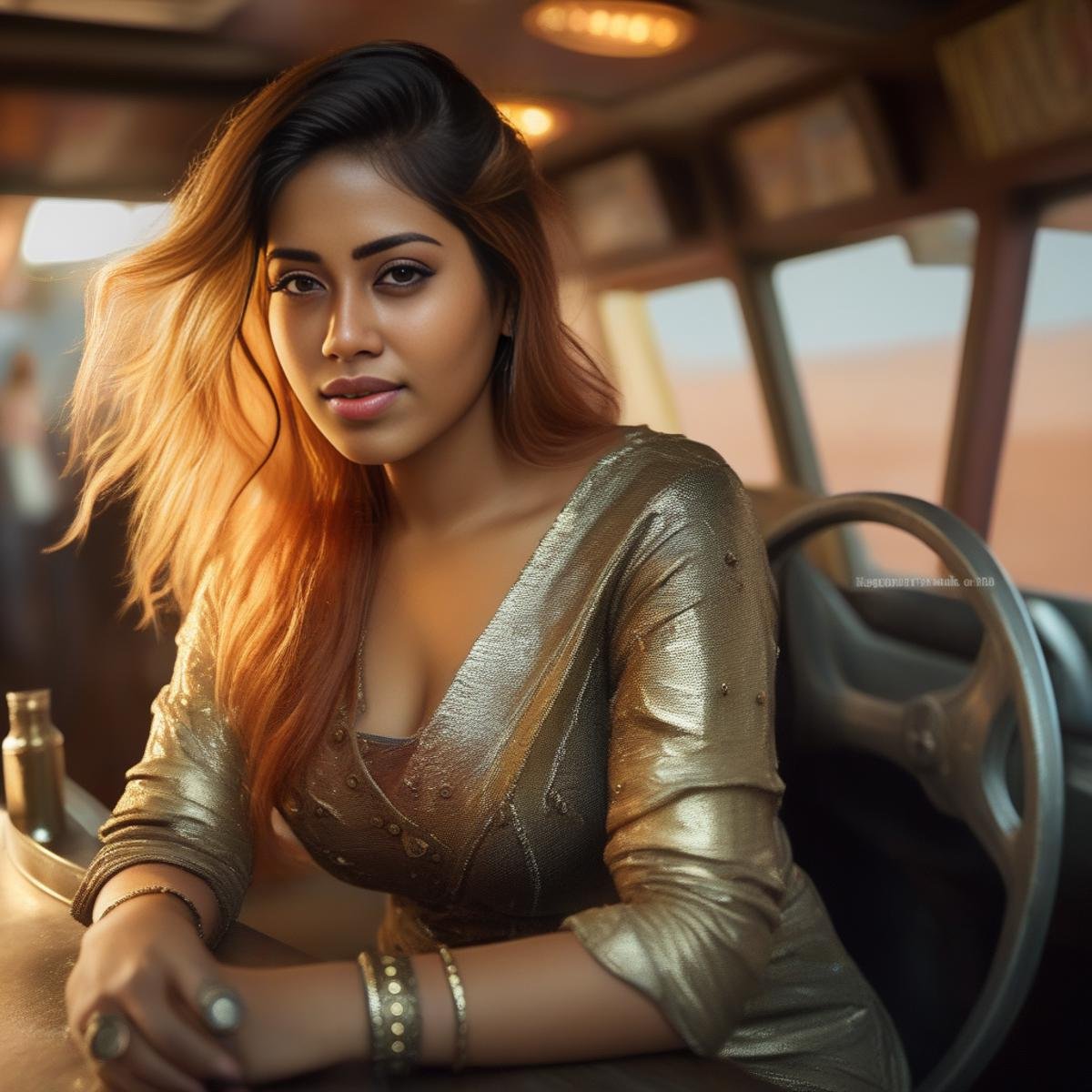 NivethaPethuraj, portrait,close up of a Elevated Grand Female driving a Armored vehicle, Expressive Gold hair, from inside of a Bar, deep focus, L USM, Infrared, art by Dorothy Johnstone,  <lora:NivethaPethurajSDXL:1>