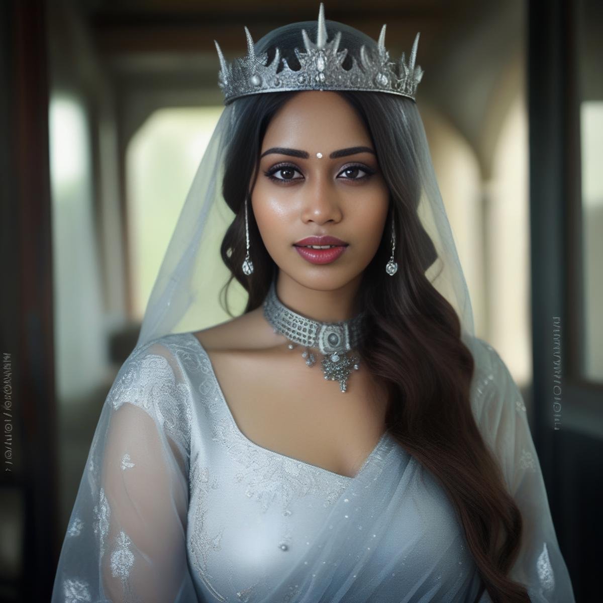 NivethaPethuraj, (art by Andrea Kowch:1.0) , portrait,close up of a Inventive Woman, Ice queen/king, elegant, wearing Demon clothes, at Resort, shallow depth of field, Realistic, Decora,  <lora:NivethaPethurajSDXL:1>