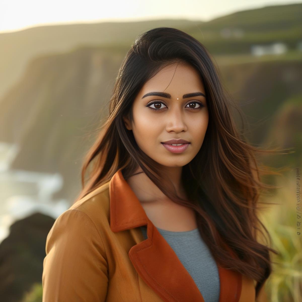 NivethaPethuraj, portrait,close up of a Girl, wearing Amber Chesterfield coat, hillside and beach, Smoky Conditions, Sun Rays,  <lora:NivethaPethurajSDXL:1>