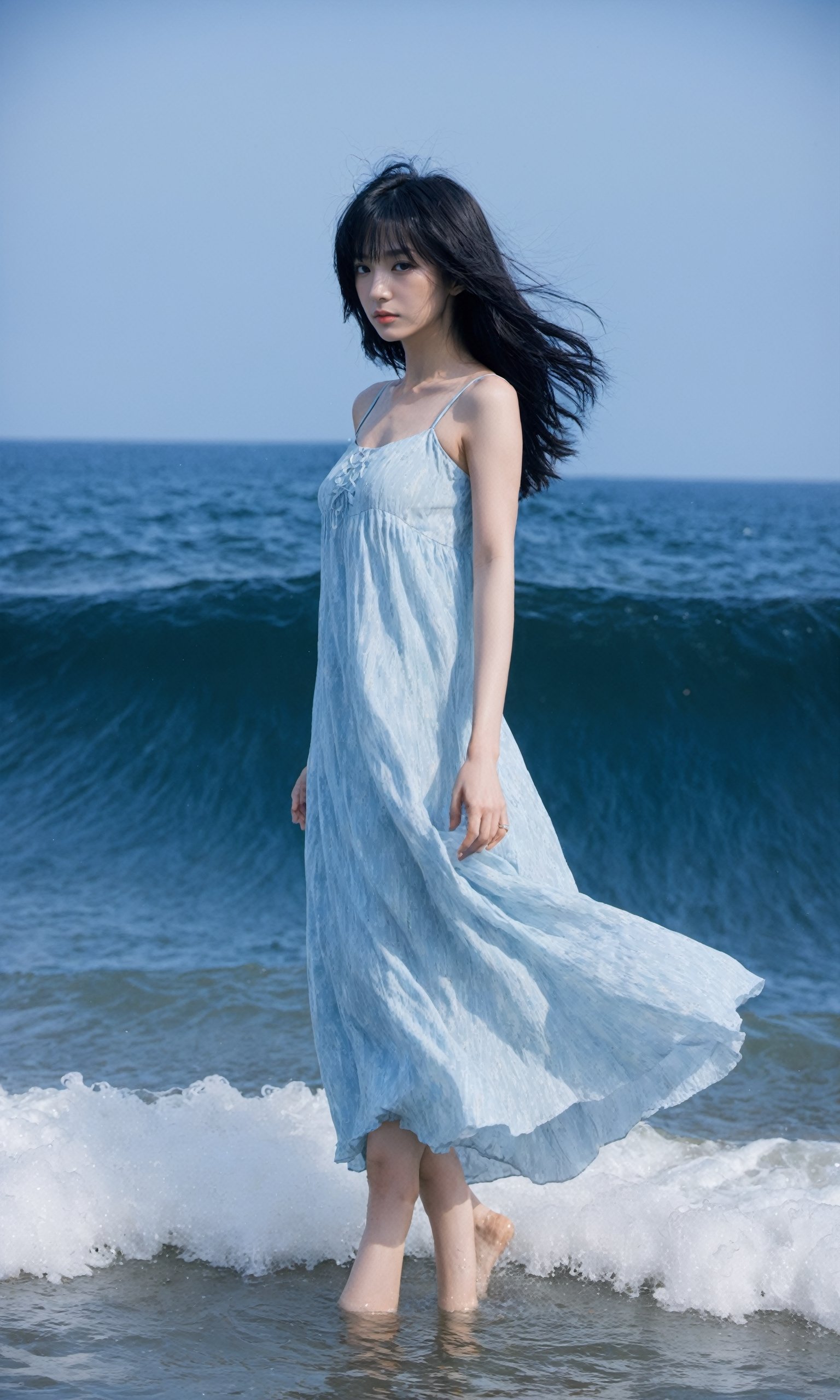 xxmixgirl,1girl,solo,light_blue_hair,liquid hair, long hair,floating hair, full body, standing,sundress, liquid clothes, water,waves, tsunami,tide,sea,water dress,