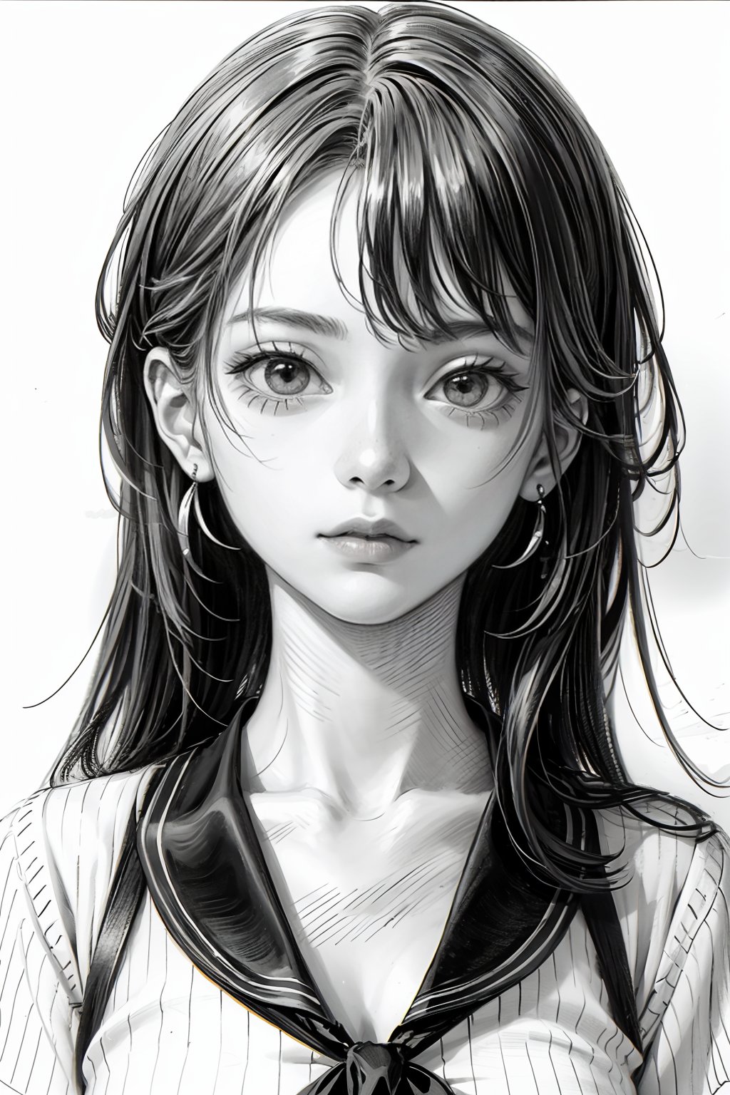 portraitof a young girl, black and white drawn in pencil or charcoal