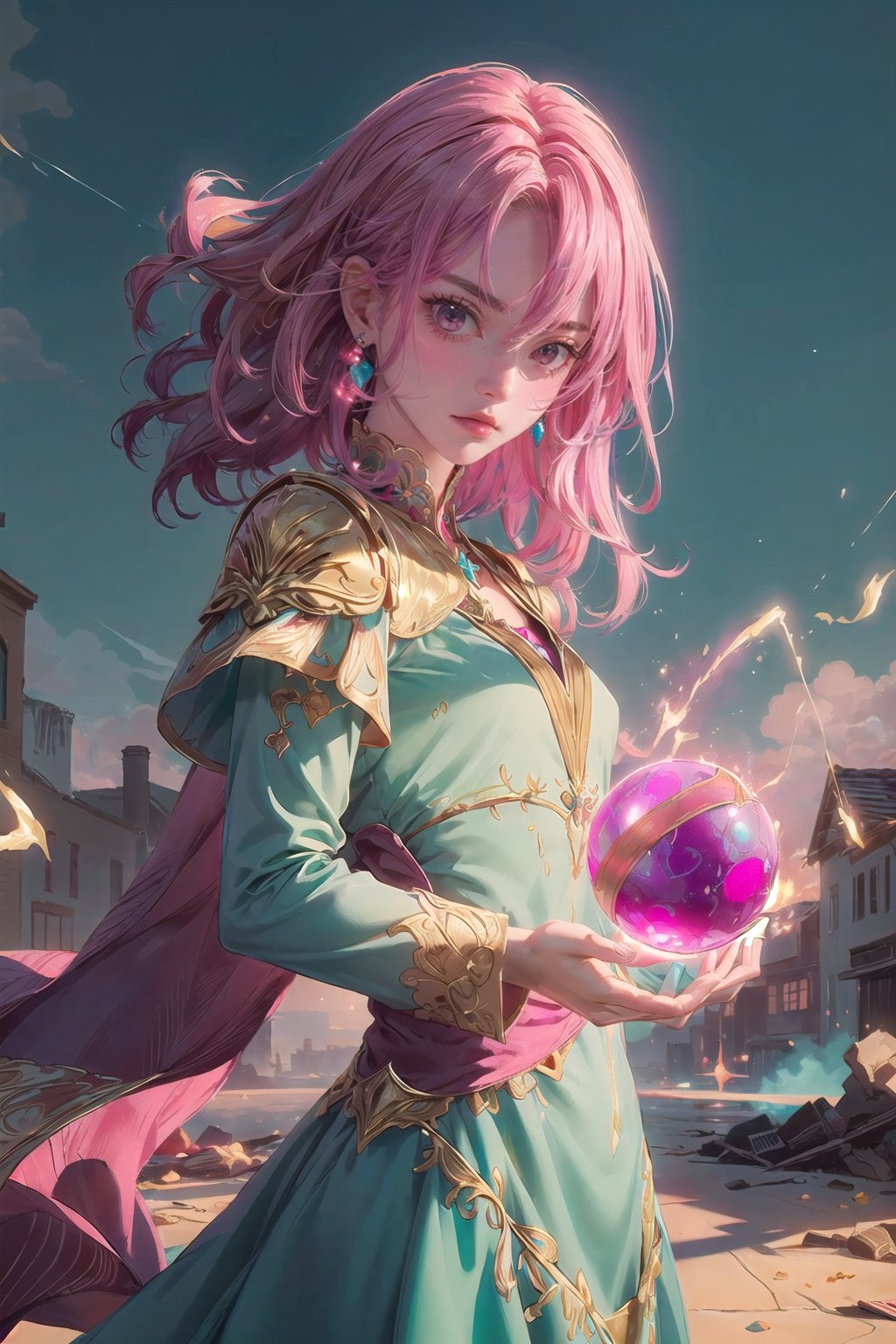 (the must powerful wizard girl, long curly magenta hair, cyan eyes, detailed golden wizard dress, holding a magic complex sphere, serious mood), casting a powerful magic, sparky magic-energy, strong wind, destroyed small town background::1.3, colorful detailed magic effect::1.2, detailed light, fighting atmosphere, daylight, sunny day::1.2
