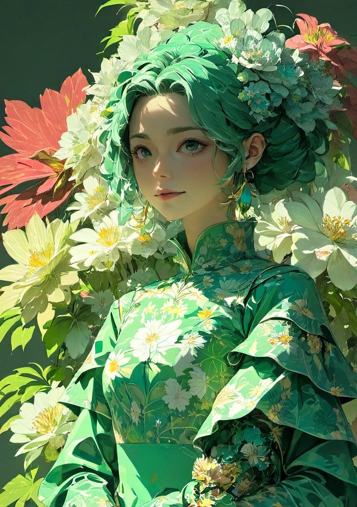 woman, flower dress, colorful, darl background,flower armor,green theme,dfdd,2d_animated,niji5