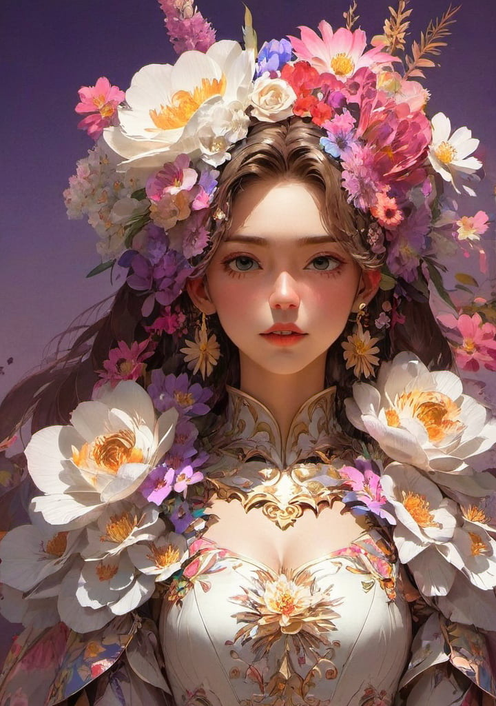 portrait,woman, flower dress, colorful, darl background,flower armor,white theme,dfdd,2d_animated,niji5