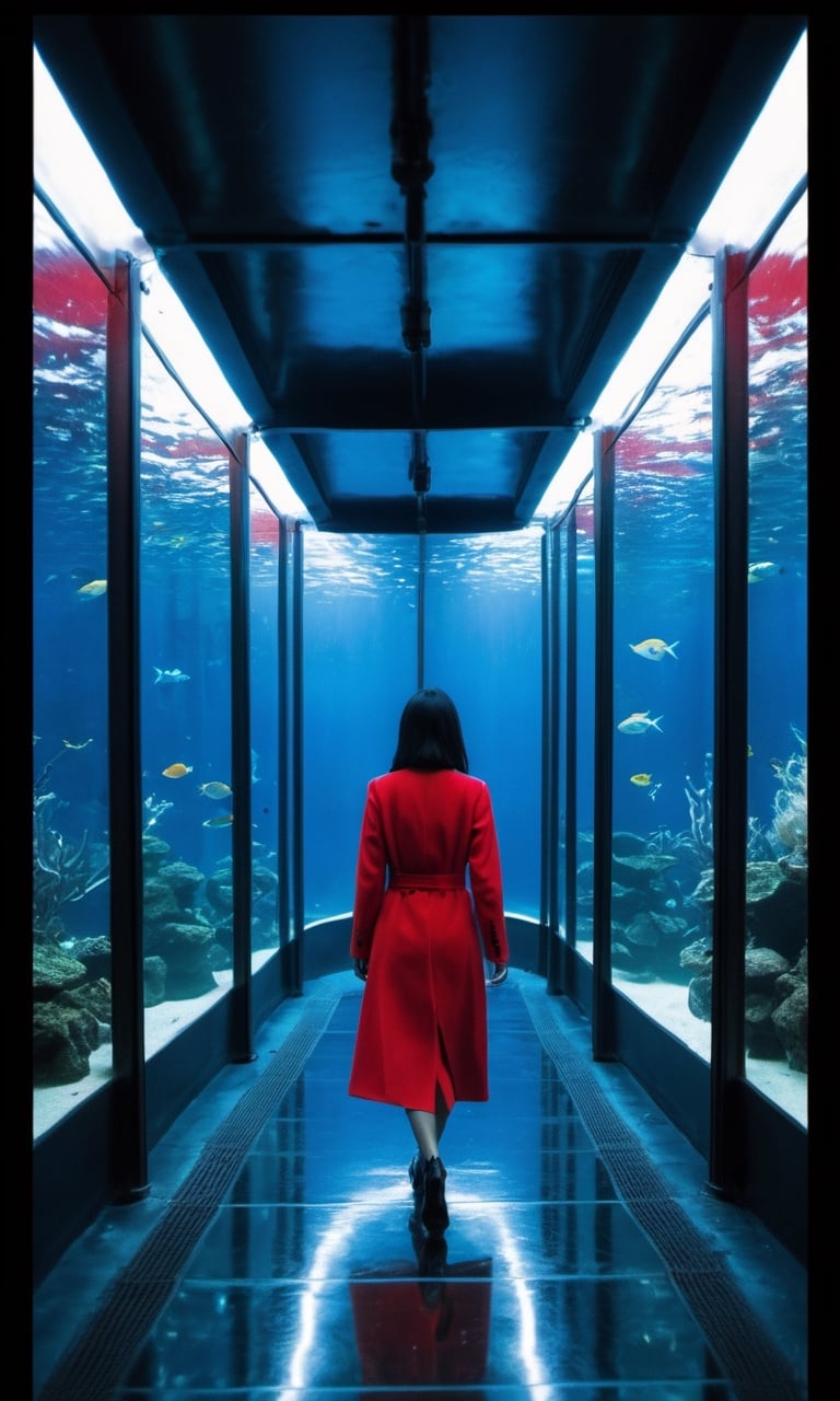 xxmixgirl,woman walking through an aquarium tunnel,dark theme,blue and red