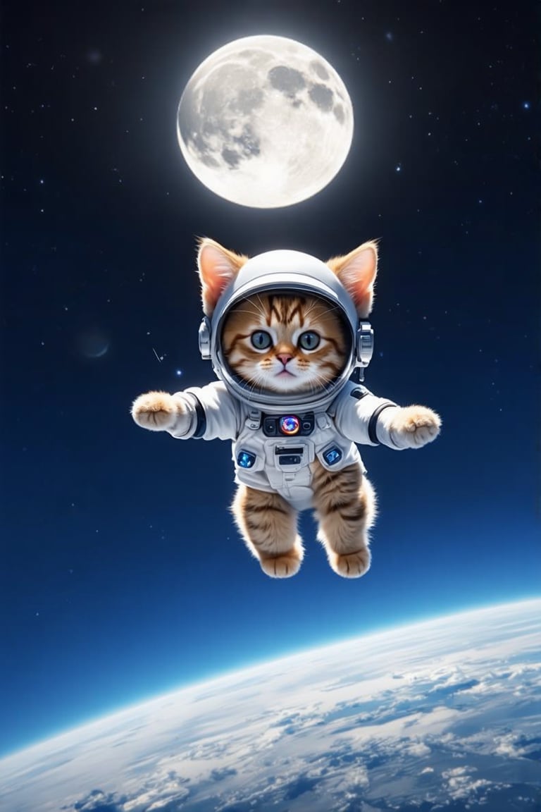 A tiny, fluffy kitten clad in a miniature astronaut suit floats mid-air, defying gravity as it soars towards the vast, glowing moon. The kitten's oversized helmet and gloves make it look like a pint-sized space explorer. Stars twinkle like diamonds against the dark blue sky, while puffy white clouds drift lazily by. In the distance, the big, bright moon casts an ethereal glow on the kitten's suit. Its tiny paws and ears are outstretched as if embracing the cosmos.