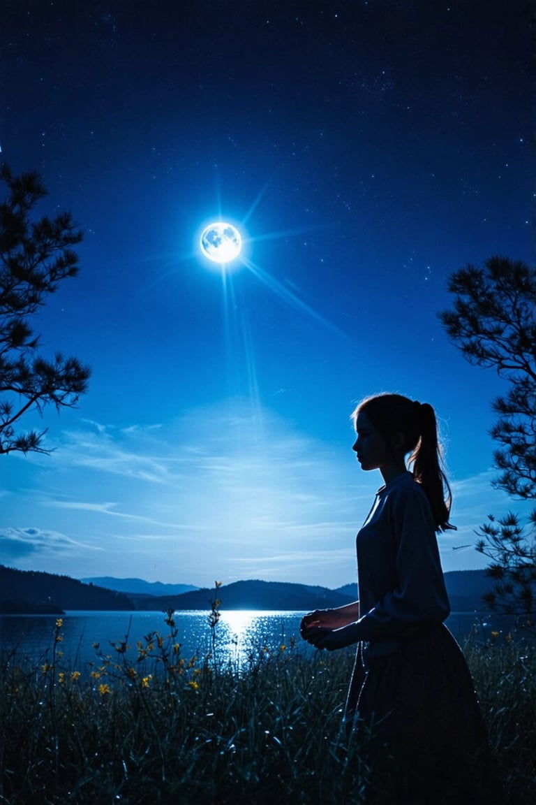 a girl looking at the horizon, in a beautiful night, soft moonlight, rays of moonlight, starlit sky, serene atmosphere, gentle breeze in the air, subtle colors, natural beauty, silhouette of trees, dreamy ambiance, peaceful, calm, reflective, deep thoughts, loneliness, tranquility, inner emotions, faint shadows, mystery, serene expression, soft glow, nighttime scenery, crisp air, nighttime solitude, whispers of night, ethereal atmosphere
