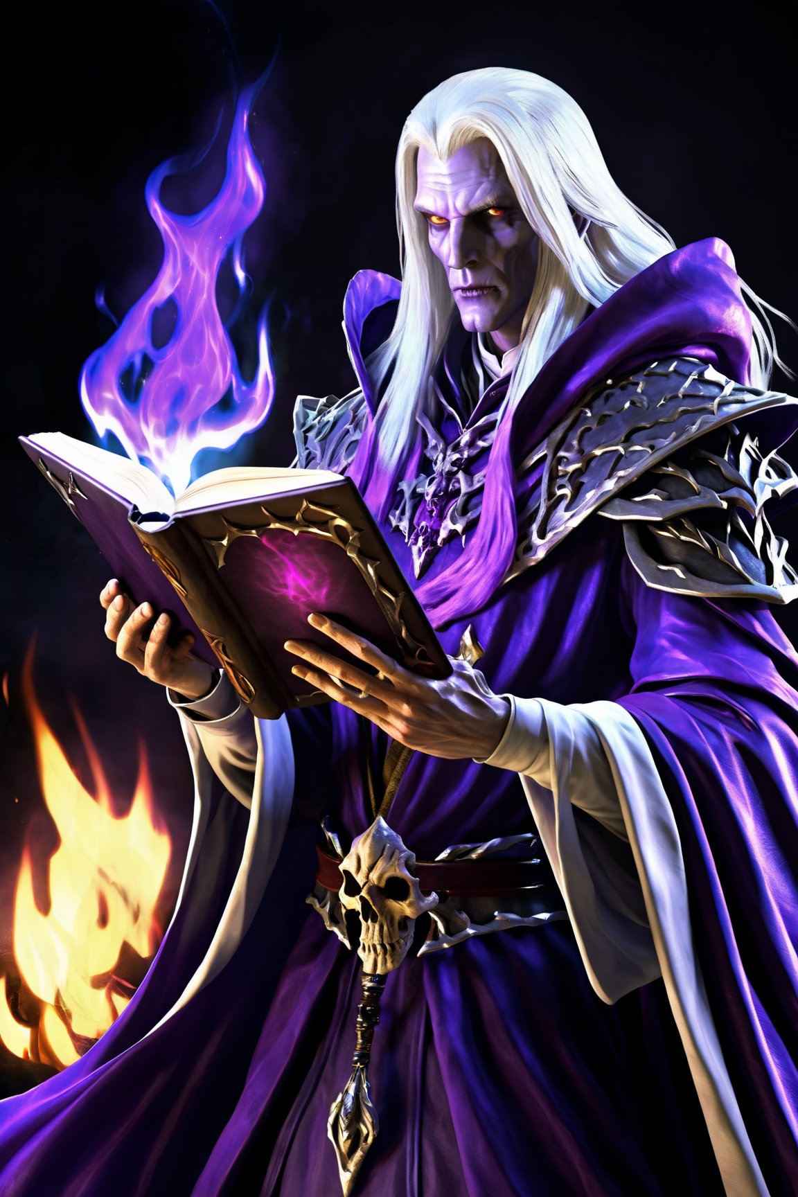 an undead male warlock with long white hair, holding a book with purple flames, wearing a purple cloak, skeletal hand, the background is dark, digital painting, highly detailed, sharp focus, cinematic lighting, dark