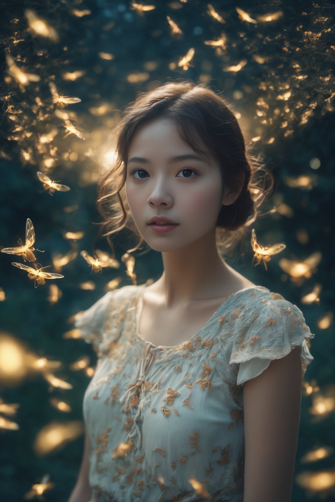 A swarm of fireflies encircled the beautiful girl, their gentle glow illuminating her surroundings. cinematic shot + dynamic composition, incredibly detailed, sharpen, details + intricate detail + professional lighting, film lighting + 35mm + anamorphic + lightroom + cinematography + bokeh + lens flare + film grain + HDR10 + 8K + Roger Deakins, ((cinematic))