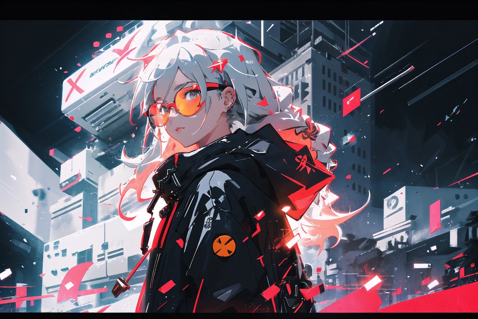 happy, a girl, pixel glasses on, gray dreads hair, hoody on, upper body, deal with it, dj theme, (bokeh:1.1), depth of field, style of Alena Aenami, tracers, vfx, splashes, lightning, light particles, electric, white background,modernstyle