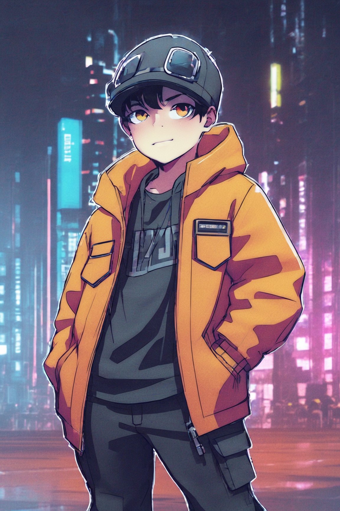 Cyberpunk boy, tech wear, thematic detailed background, bokeh, big city