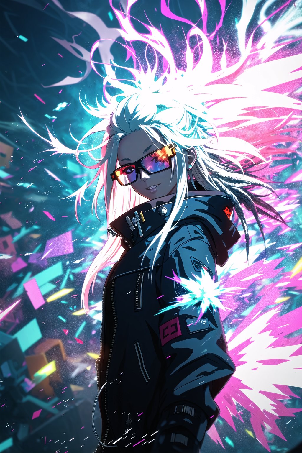 guiltys, happy, a girl, pixel glasses on, gray dreads hair, showing love, upper body, deal with it, (bokeh:1.1), depth of field, style of Anne Bachelier, tracers, vfx, splashes, lightning, light particles, electric, white background