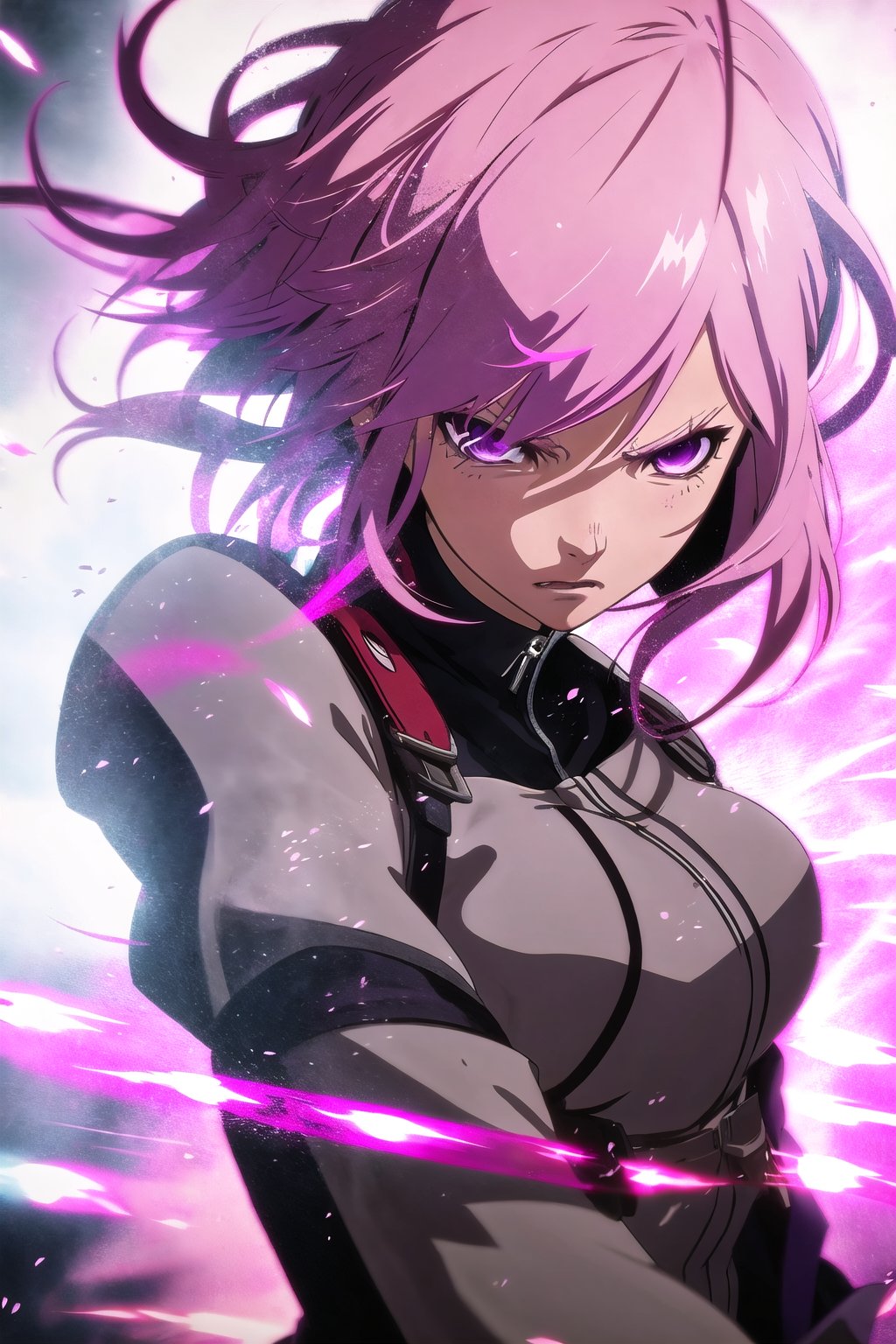 guiltys, angry, a girl, purple eyes, pink hair, fighting, upper body, (bokeh:1.1), depth of field, by Akihiko Yoshida, tracers, vfx, splashes, lightning, light particles, white background