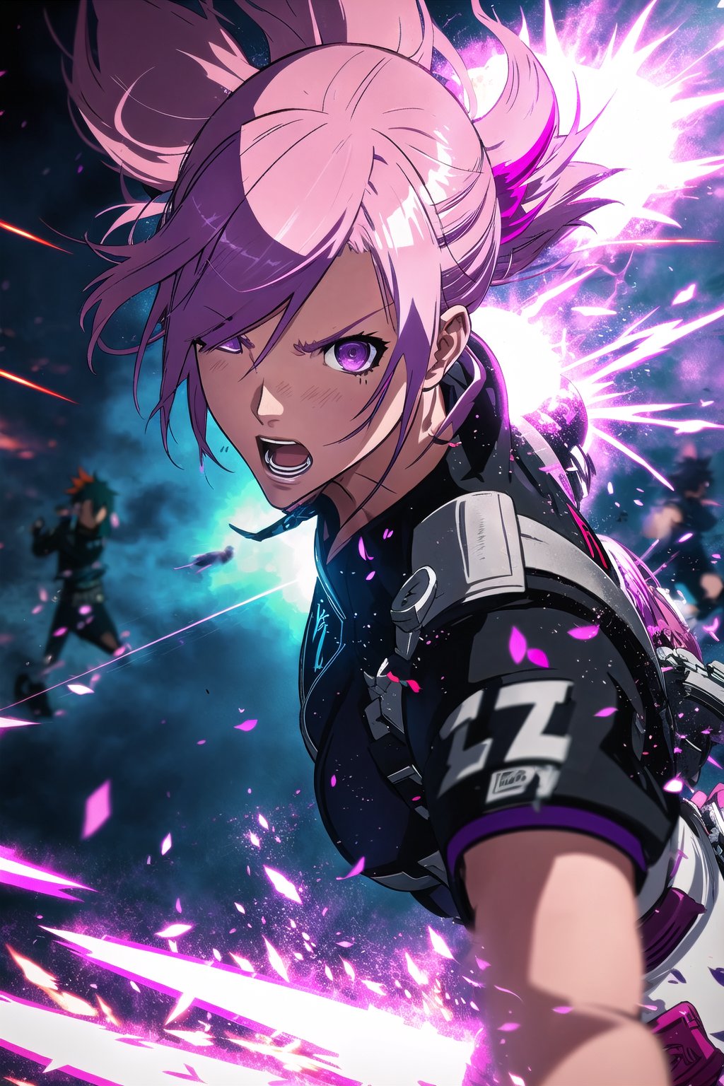 guiltys, angry, a girl, purple eyes, pink hair, fighting, upper body, (bokeh:1.1), depth of field, by Akihiko Yoshida, tracers, vfx, splashes, lightning, light particles, white background