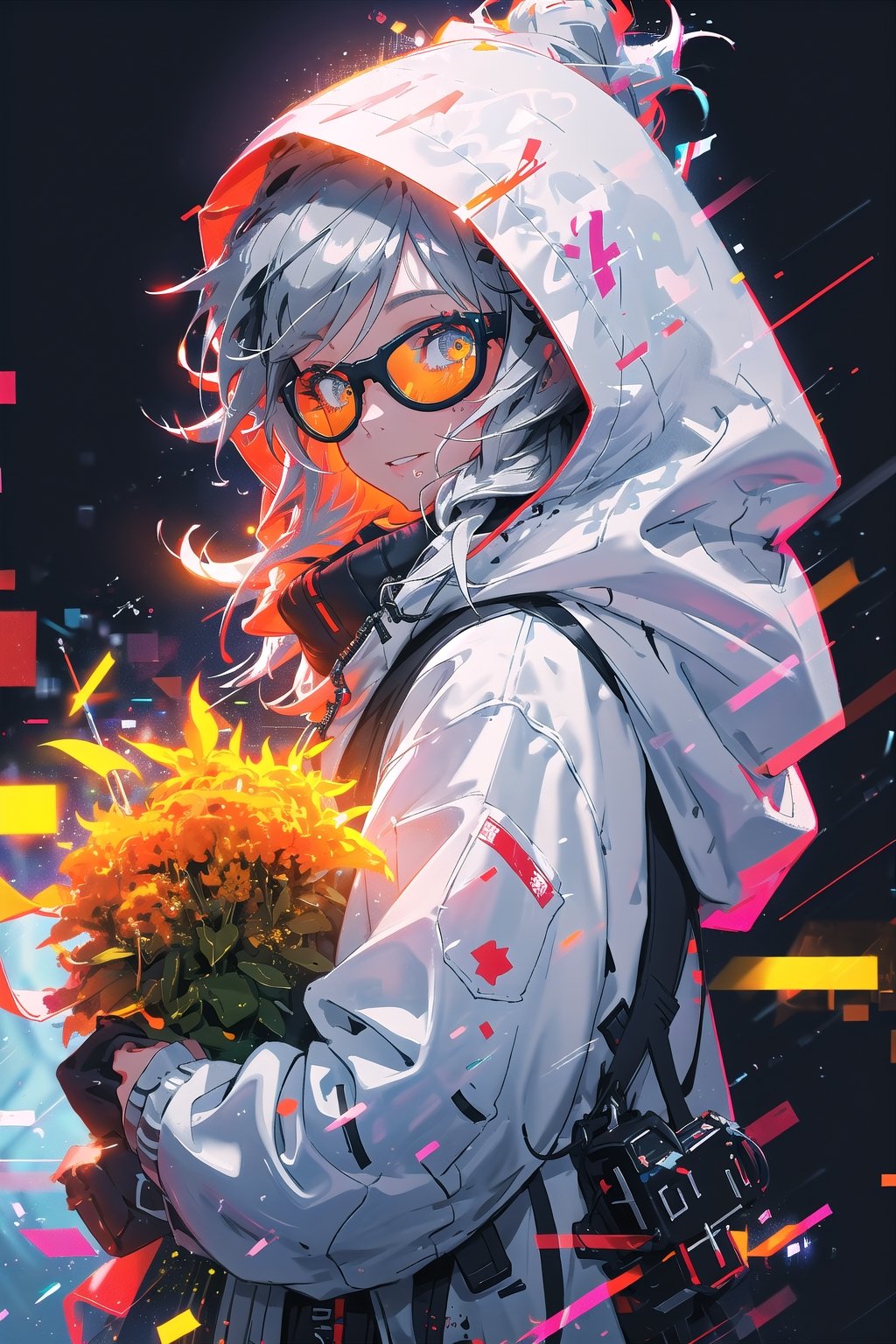 happy, a girl, pixel glasses on, gray dreads hair, hoody on, upper body, deal with it, dj theme, (bokeh:1.1), depth of field, style of Alena Aenami, tracers, vfx, splashes, lightning, light particles, electric, white background