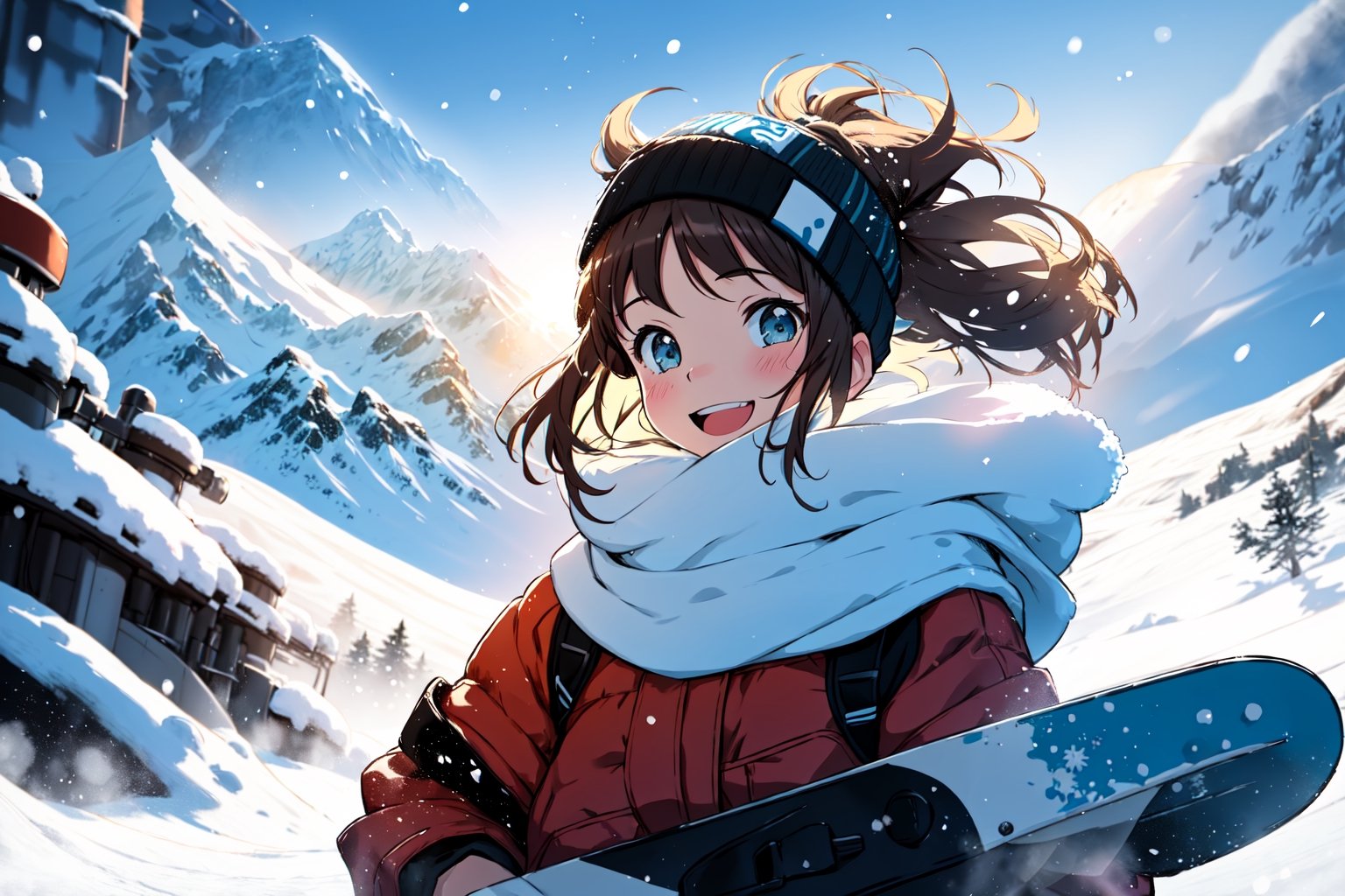 style of Jonny Duddle, a girl, winter, snowboarding, snow, mountains, dynamic pose, happy, amazed, bokeh, depth of field, scenery, blurry background, light particles, strong wind, cosy background, warm color, Illustration, Character Design, Watercolor, Ink, oil, thematic background, ambient enviroment, epic
