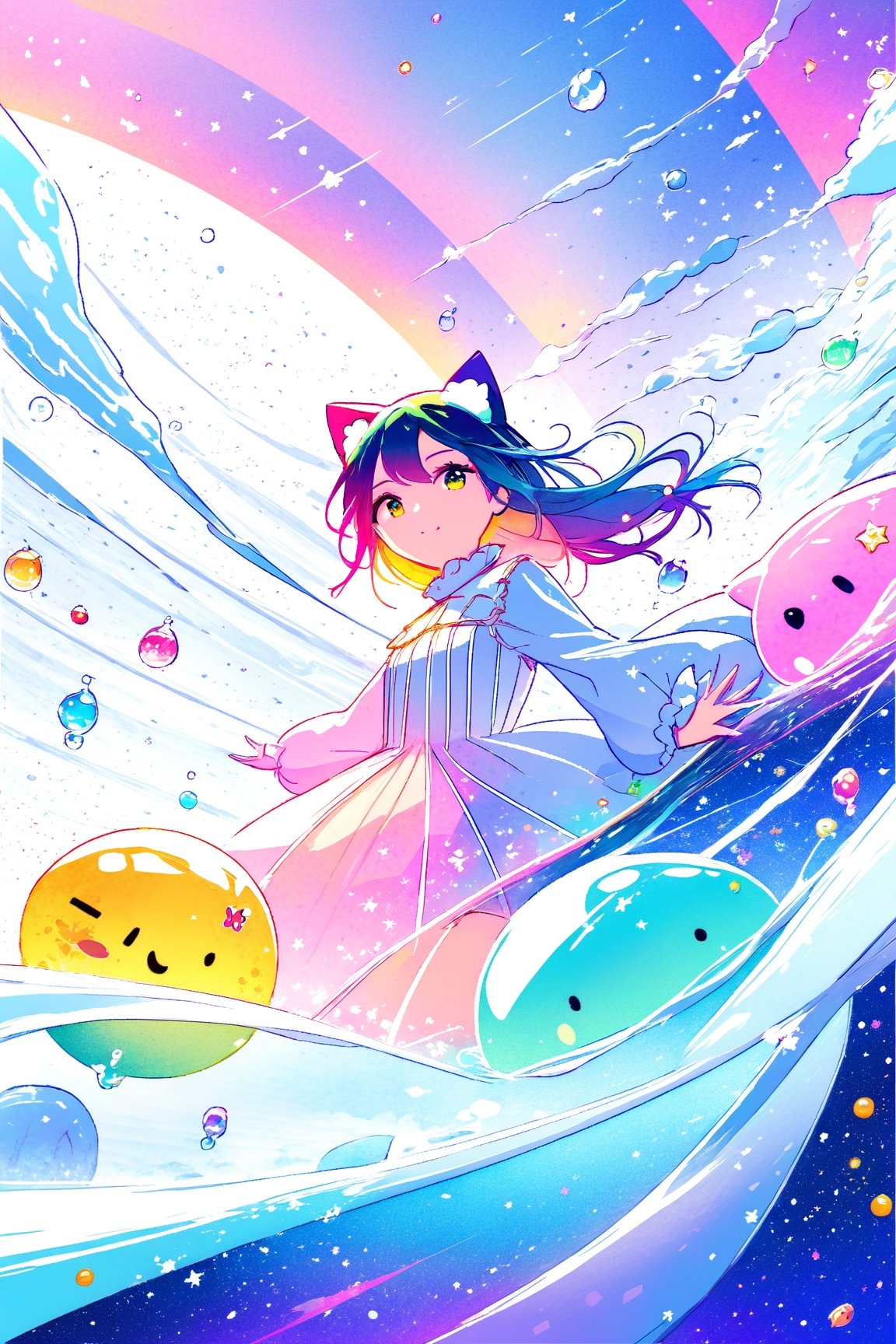 Slime Neko Girl, Vtuber, close up, fantasy world, thematic background, epic Instagram, artstation, contour, underwater, intricate detail, complementary colors, fantasy concept art, 8k resolution, deviantart masterpiece, paint dripping, rainbow skin, depth of field, style of Alena Aenami, vfx, splashes, lightning, light particles, electric, glitch fx,ExStyle