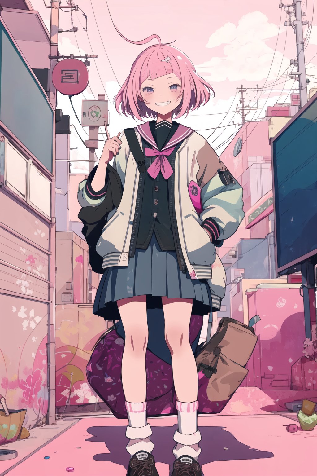 style of Frances MacDonald McNair, girl, asymmetrical bob, schoolgirl uniform (slouch socks), painted nails, small lollipop, smug grin,  gum, candy, sign, donut, high detailed, intricate, pink hue, Illustration, Character Design, Watercolor, Ink, thematic background, ambient enviroment, epic,candystyle