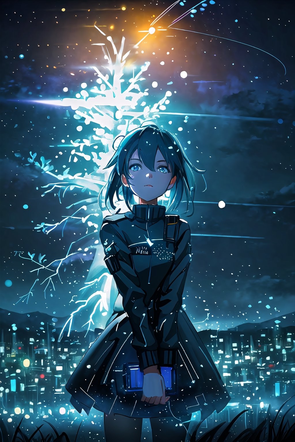 (((masterpiece))), ((best quality)), blue_theme,fantasy,night,tree,Moonlight at night,night,Light particles, fireflies, (bokeh:1.1), depth of field, style of Alena Aenami, tracers, vfx, splashes, lightning, light particles, electric, glitch fx, white background,modernstyle,toitoistyle