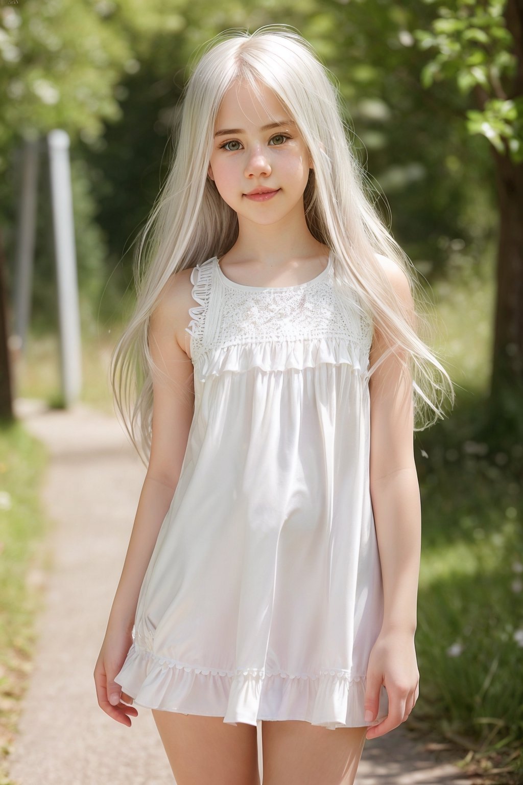 extra resolution, portrait of adorable AIDA_LoRA_HanF:1.13 standing outdoors looking at the camera, sunlight,, aborable girl, white hair, pretty face, short dress skin tight, intimate, composition, studio photo, kkw-ph1,Detailedface, full body, legs showing, thighs visible