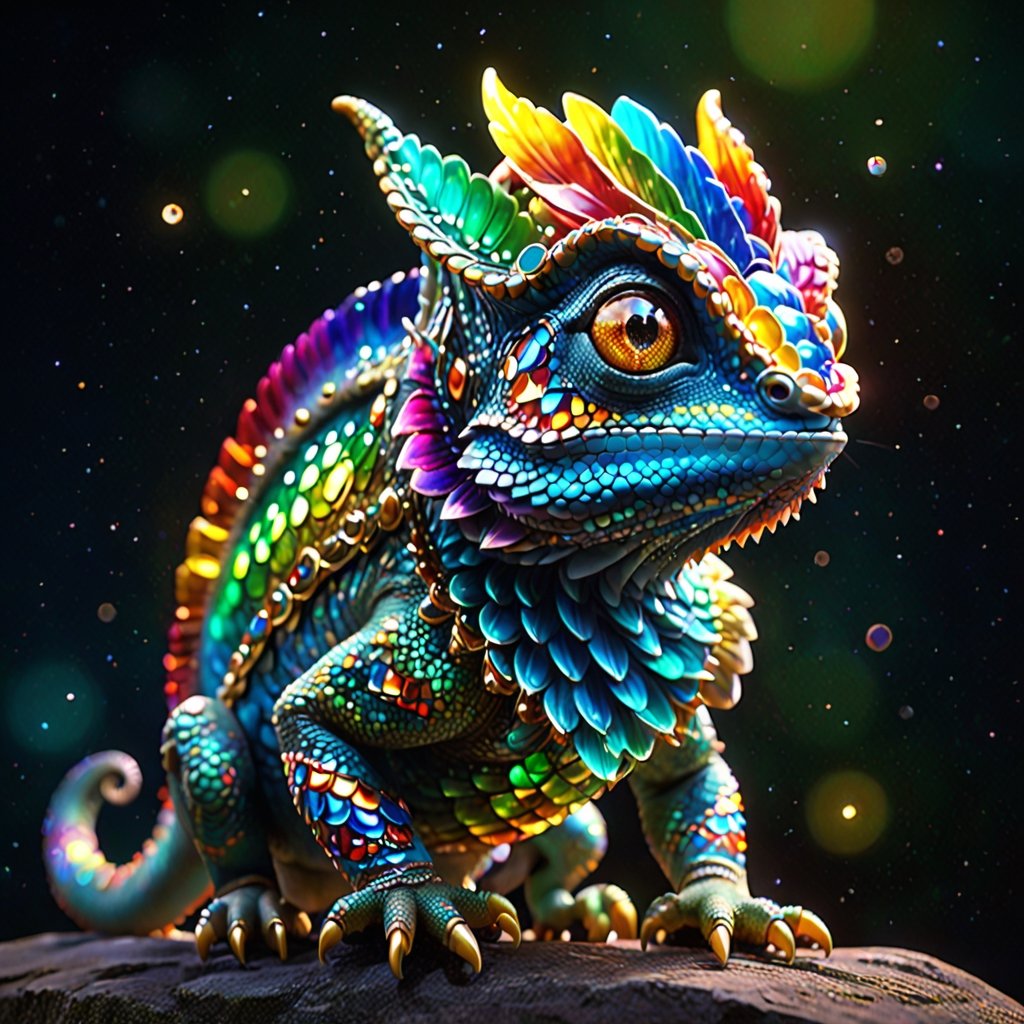 A chameleon,generate a celestial adorable non-human animal in the style of celestial and fantasy. Multicolored scales, cute face. Include subtle details of phantasmal iridescence. emphasize small details of fantasy and ornate jewels. camera: utilize interesting and dynamic composition. enhance visual interest. lighting: use ambient lighting that enhances the ambiance of fantasy. include bold colors and deep shadows. hires, detailed eyes, hires detailed eyes, hires small details, ornate, intricate details, 8k, shimmer, unity, official cgi unreal engine, high resolution, (((masterpiece))), high quality, highres, detail enhancement, (bright and clear eyes), large bright eyes, colorful tail
