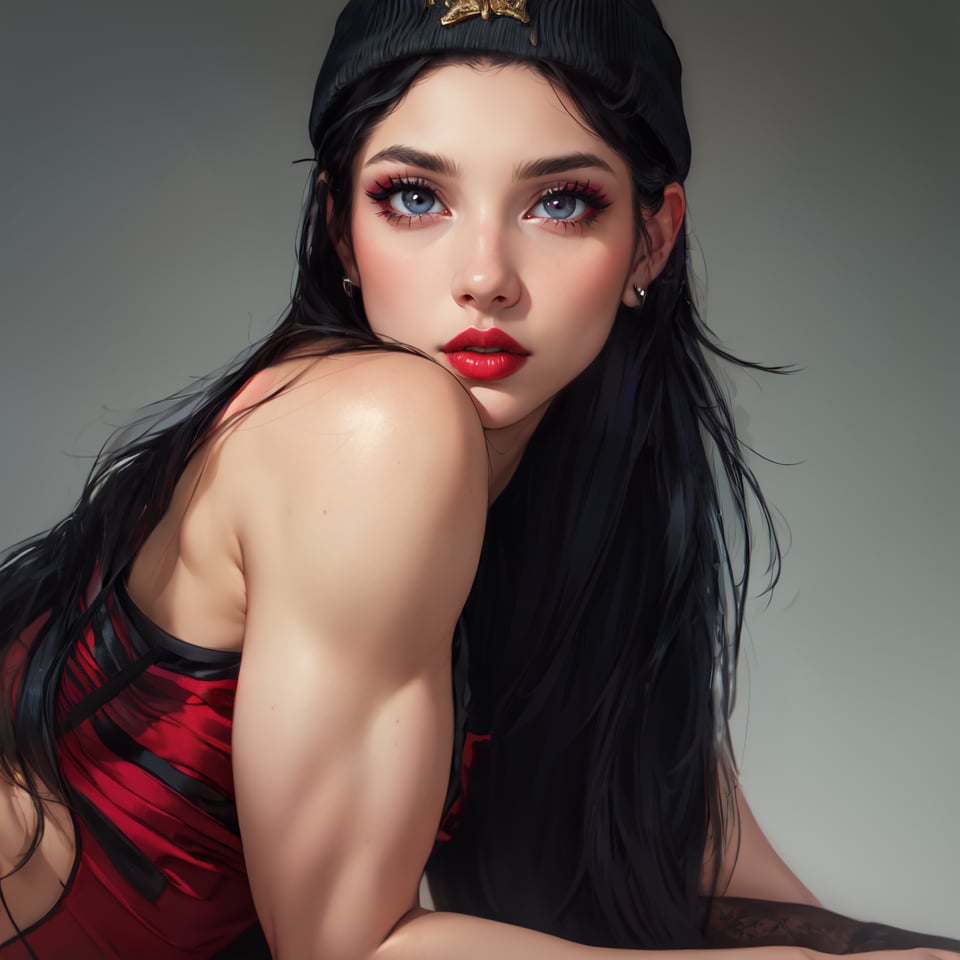 (masterpiece), best quality, expressive eyes,1girl, solo girl, perfect face, looking at viewer, ((portrait)),  portrait, mature female, solo, lipstick, red lips, makeup, black hair, long hair, very long hair,  sultry expression, (masterpiece, absurdres,) , 