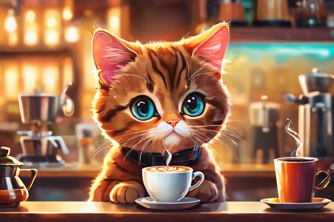 shadow flat vector art, (cute,cat,colorful,vector illustration,portrait),(best quality,4k,highres,masterpiece:1.2),ultra-detailed,vivid colors,bokeh,light painting,soft lighting, cat barista, cat making coffee, cute cat, big eyes, sparkling