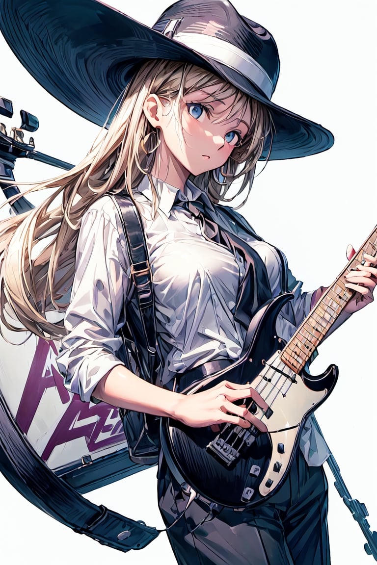 Masterpiece, best quality, highres, 8k resolution ,1girl,  jazz player, girl in a fedora, cool jazz vibes, black suit pants, white shirt, rolled up sleeves, big bright eyes, clear background, white background,(masterpiece, absurdres), , absurdres, bass guitar case, smooth jazz, gold accents