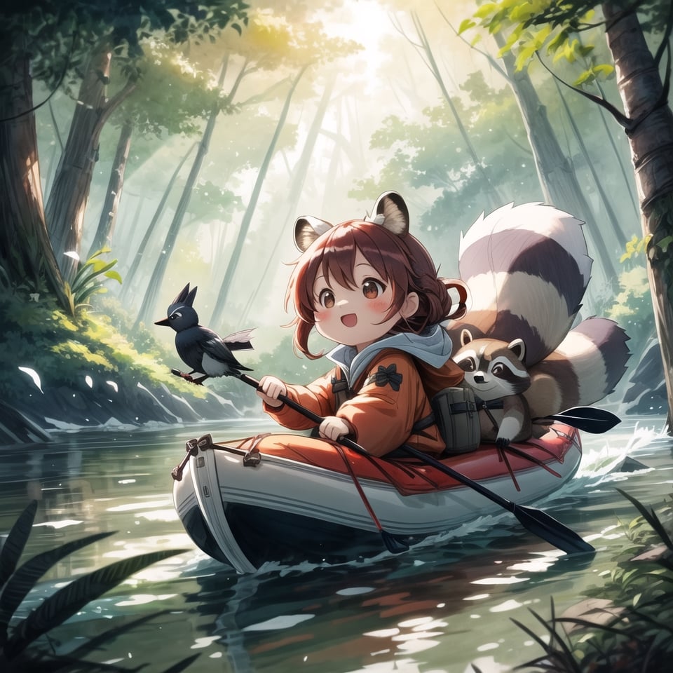 style of Beatrix Potter, a chibi in kayak, paddling on the Amazon river, , lifejacket, cute chibi girl, racoon ears, red hair, super cute, raging white river rafting, rocky, trees on shore, surrounded by trees, happy, cute pet racoon, chibi racoon, dynamic pose, bokeh, sunrise, blue sky, , epic look, cinematic, crows, movie poster, depth of field, scenery, tracers, light particles, cosy background, warm color, Illustration, Character Design, Watercolor, Ink, oil, thematic background, ambient enviroment, epic