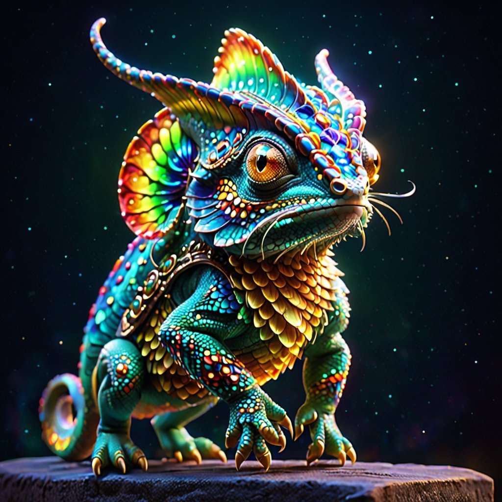 A chameleon,generate a celestial adorable non-human animal in the style of celestial and fantasy. Multicolored scales, cute face. Include subtle details of phantasmal iridescence. emphasize small details of fantasy and ornate jewels. camera: utilize interesting and dynamic composition. enhance visual interest. lighting: use ambient lighting that enhances the ambiance of fantasy. include bold colors and deep shadows. hires, detailed eyes, hires detailed eyes, hires small details, ornate, intricate details, 8k, shimmer, unity, official cgi unreal engine, high resolution, (((masterpiece))), high quality, highres, detail enhancement, (bright and clear eyes), large bright eyes, colorful tail