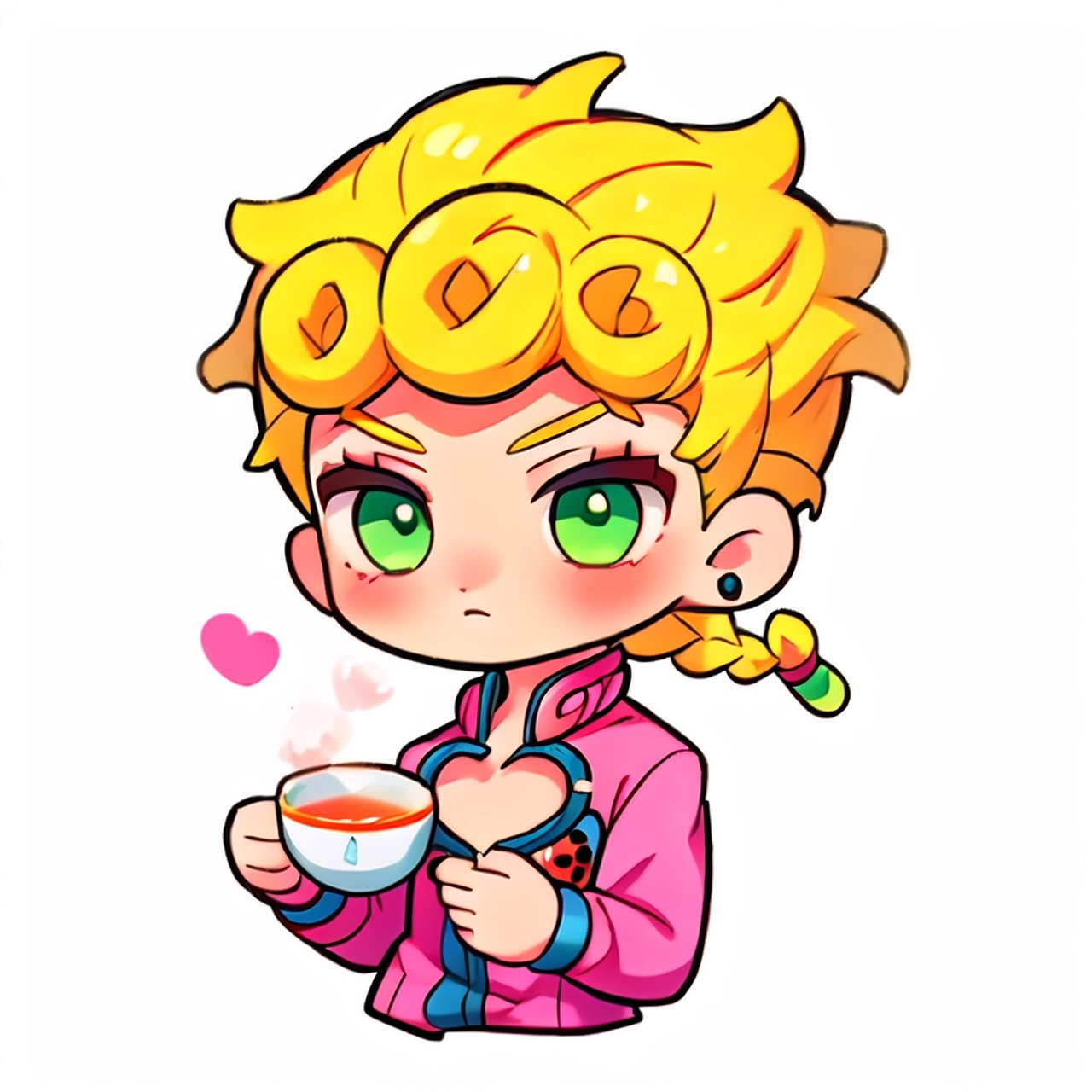 1boy, giornojojo, upper body, pectoral, ((clevage cutout)), blonde hair, braid, pink outfit,chibi, cute, green eyes, blue stud earrings, holding tea, kawaii, sticker art, ,giornojojo,blue outfit