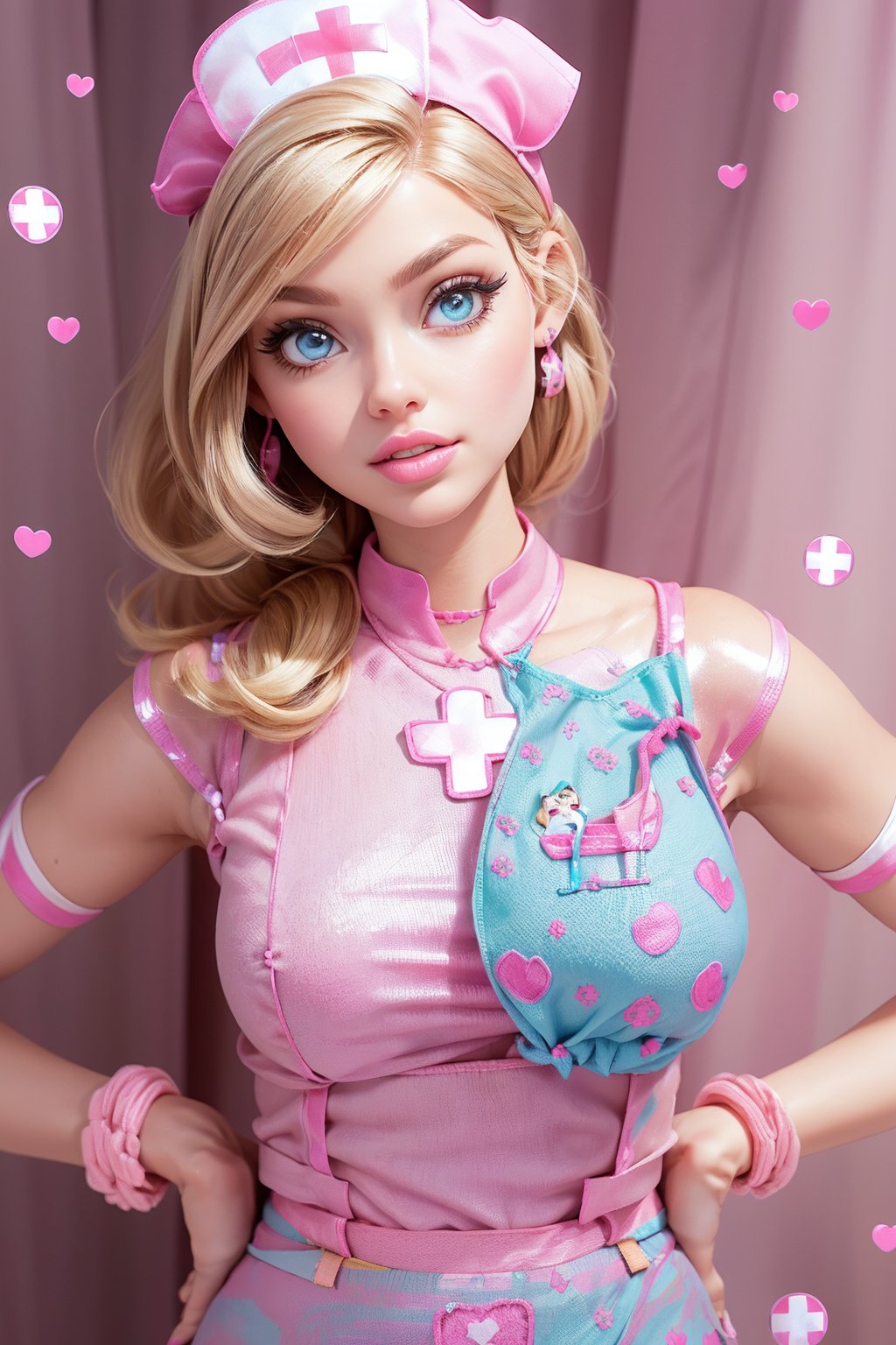 Ultra high resolution, high resolution, (masterpiece: 1.4), hyper-detail, 1girl, inboxDollPlaySetQuiron style, full body , no humans , doll, toy, barbie, in a gift box, character print, blonde hair, middle length hair, blight blue eyes, (((wearing a detailed pink theme nurse outfit and matching accessories:1.5))), pink sparkles, sprinkles, barbie pink color theme, beautiful female barbie, full lips, parted_lips, heavy make-up, smoky eyes, detailed eyes, pretty face,3DMM,inboxDollPlaySetQuiron style,(gal dadot)