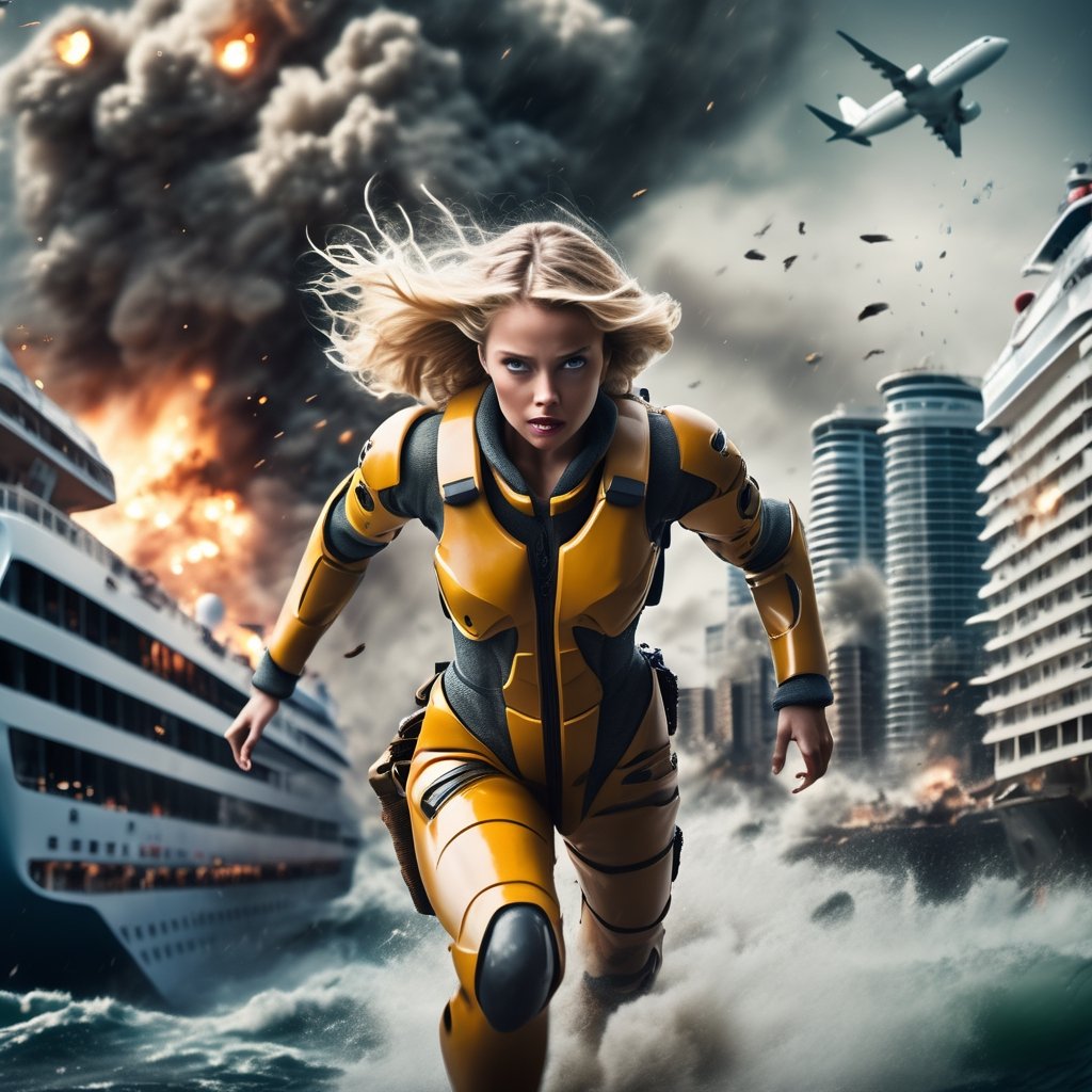 cinematic film still BEST QUALITY,REALISTIC,MASTERPIECE,humanoid photo of gorgeous blond young female warrior flying in flight suit,full body,tsunami crashing into city,((cruise ship crashed into city by tsunami)). shallow depth of field, vignette, highly detailed, high budget, bokeh, cinemascope, moody, epic, gorgeous, film grain, grainy.