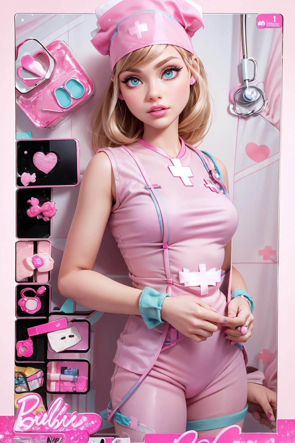 Ultra high resolution, high resolution, (masterpiece: 1.4), hyper-detail, 1girl, full body , no humans , doll, toy, barbie, in a gift box, character print, middle length hair, blight blue eyes, (((wearing a detailed pink theme nurse outfit and matching accessories:1.5))), pink sparkles, sprinkles, barbie pink color theme, beautiful female barbie, full lips, parted_lips, heavy make-up, smoky eyes, detailed eyes, pretty face,3DMM,inboxDollPlaySetQuiron style,(gal dadot), wonder woman